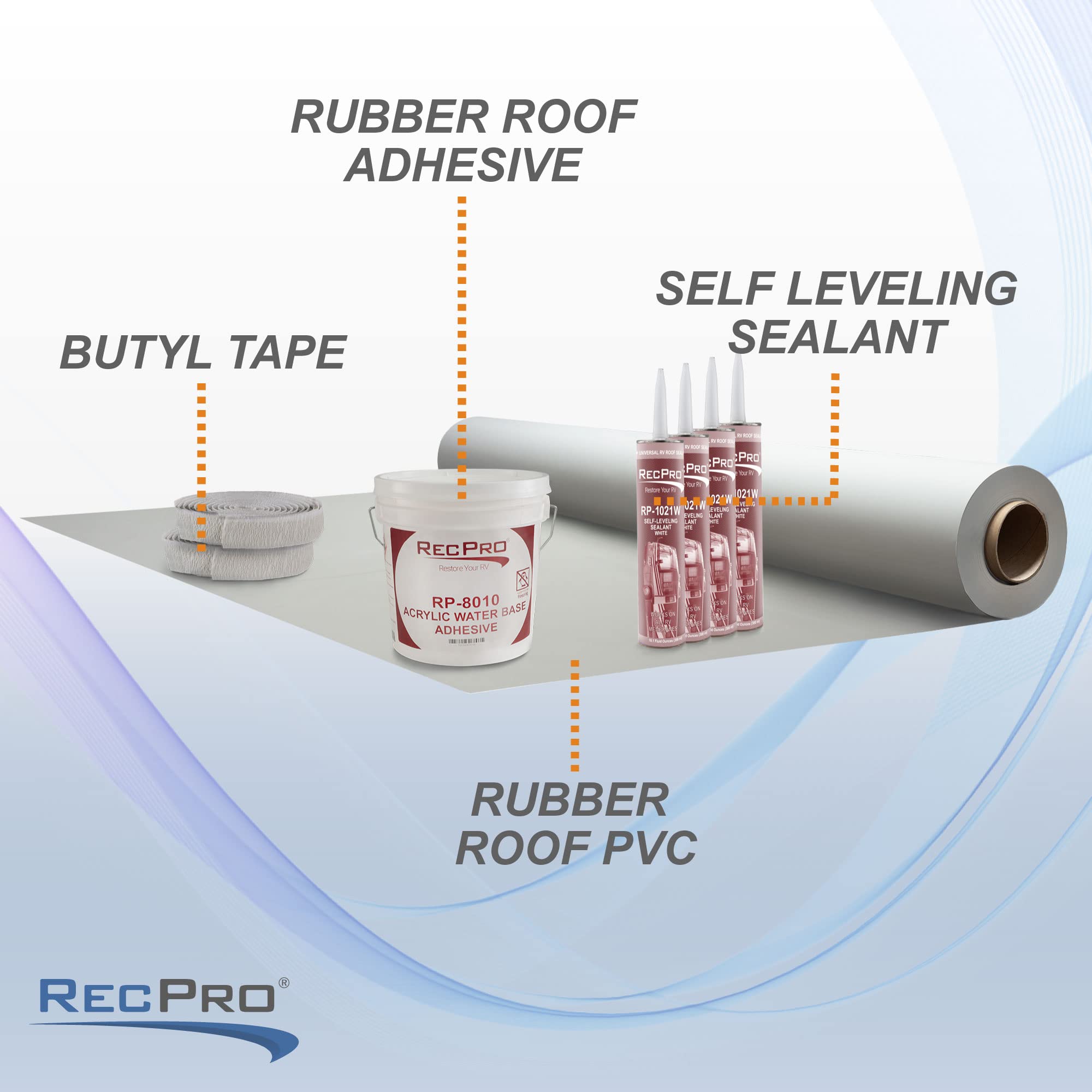 RecPro RV Extreme Duty Rubber Roof Kit - 8.5' Wide, Self-Leveling Sealant & Butyl Tape, Light Gray (10 Foot Kit) | Made in USA | Weatherproof Protection for RV Roof Repair & Maintenance
