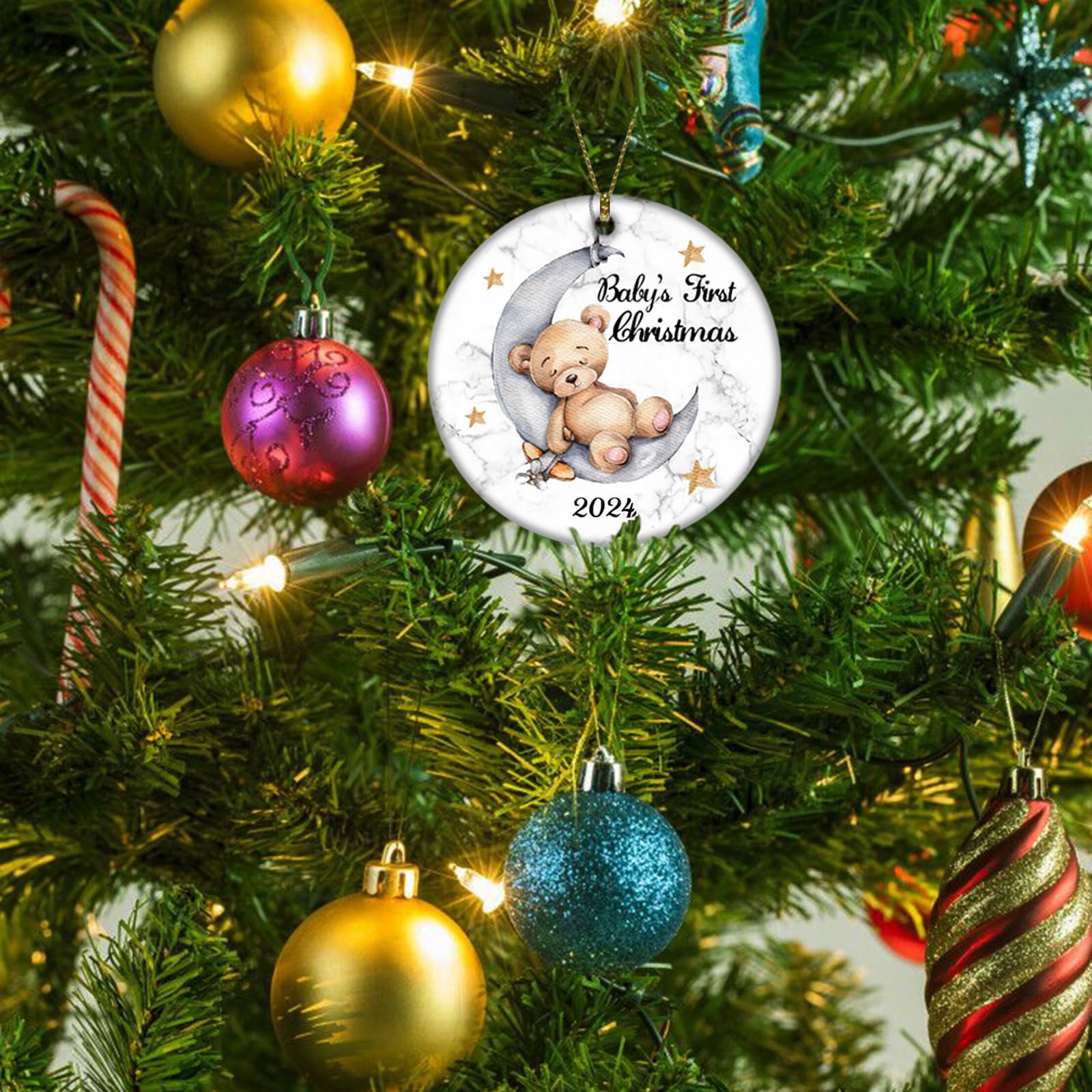 2025 Baby's First Christmas Ornament - Cute Boy Bear on The Moon for Newborn & Newlywed Decor (Yellow & White) - Perfect for Christmas Tree, Nursery, Wedding & Holiday Celebrations