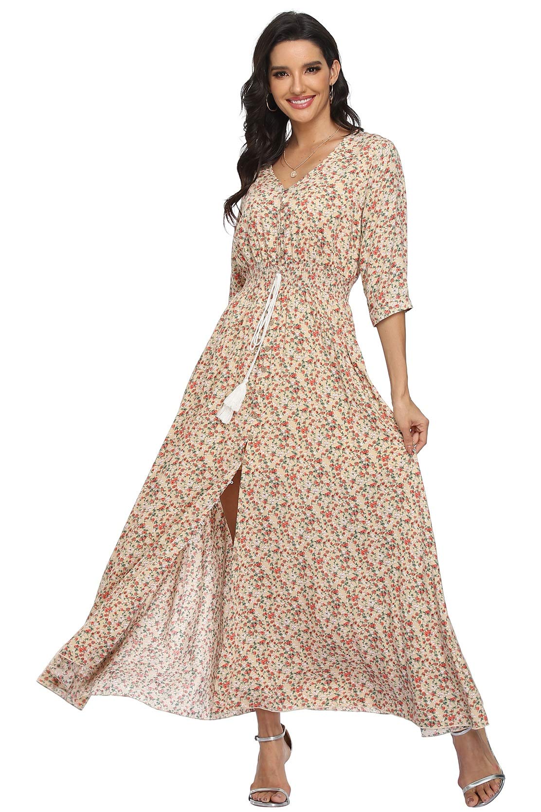 Vintage Floral Maxi Dress for Women - Long Sleeve Bohemian Beach Dress with Flowy Silhouette | Perfect for Summer Vacations, Music Festivals & Boho Chic Outfits