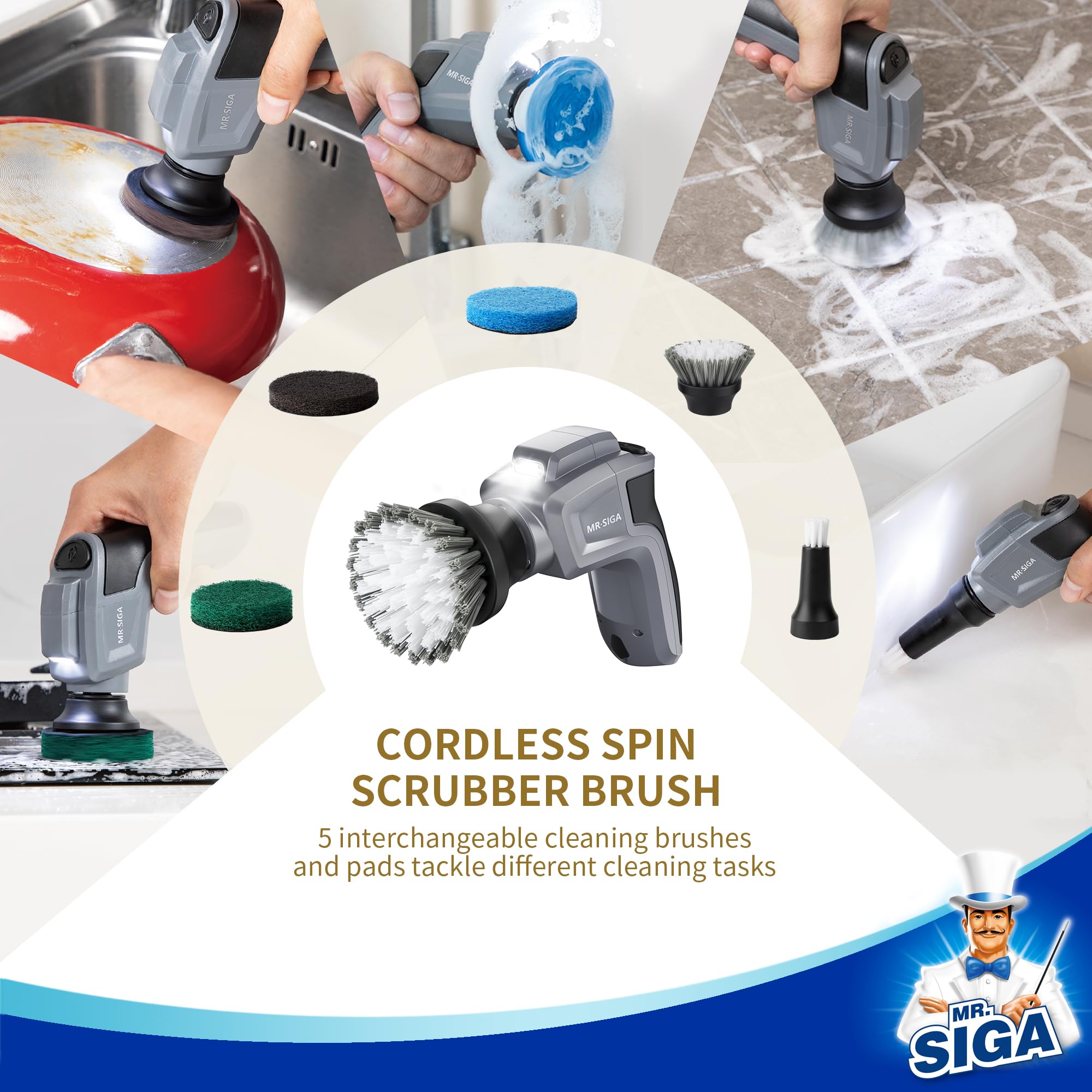 MR.SIGA Electric Spin Scrubber - Cordless Rechargeable Power Scrubber with 5 Replaceable Brush Heads for Deep Cleaning Kitchen, Bathroom, Tile & Grout | Waterproof Design for Shower, Sink & Bathtub Cleaning