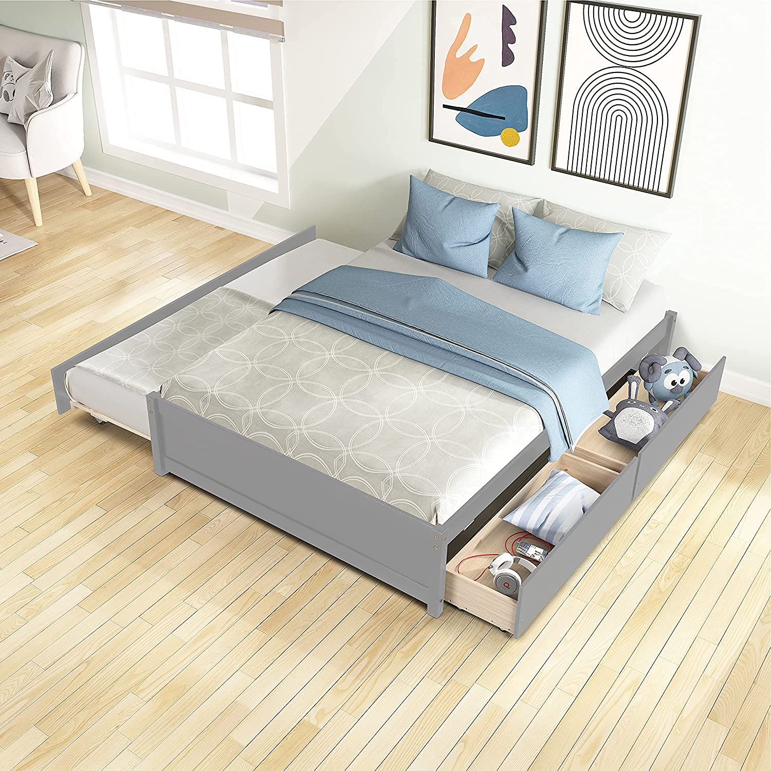 **Rophefx Solid Wood Full Size Platform Bed with Twin Trundle & 2 Drawers - Grey - Kids Bedroom Furniture for Space Saving & Guest Sleepovers**