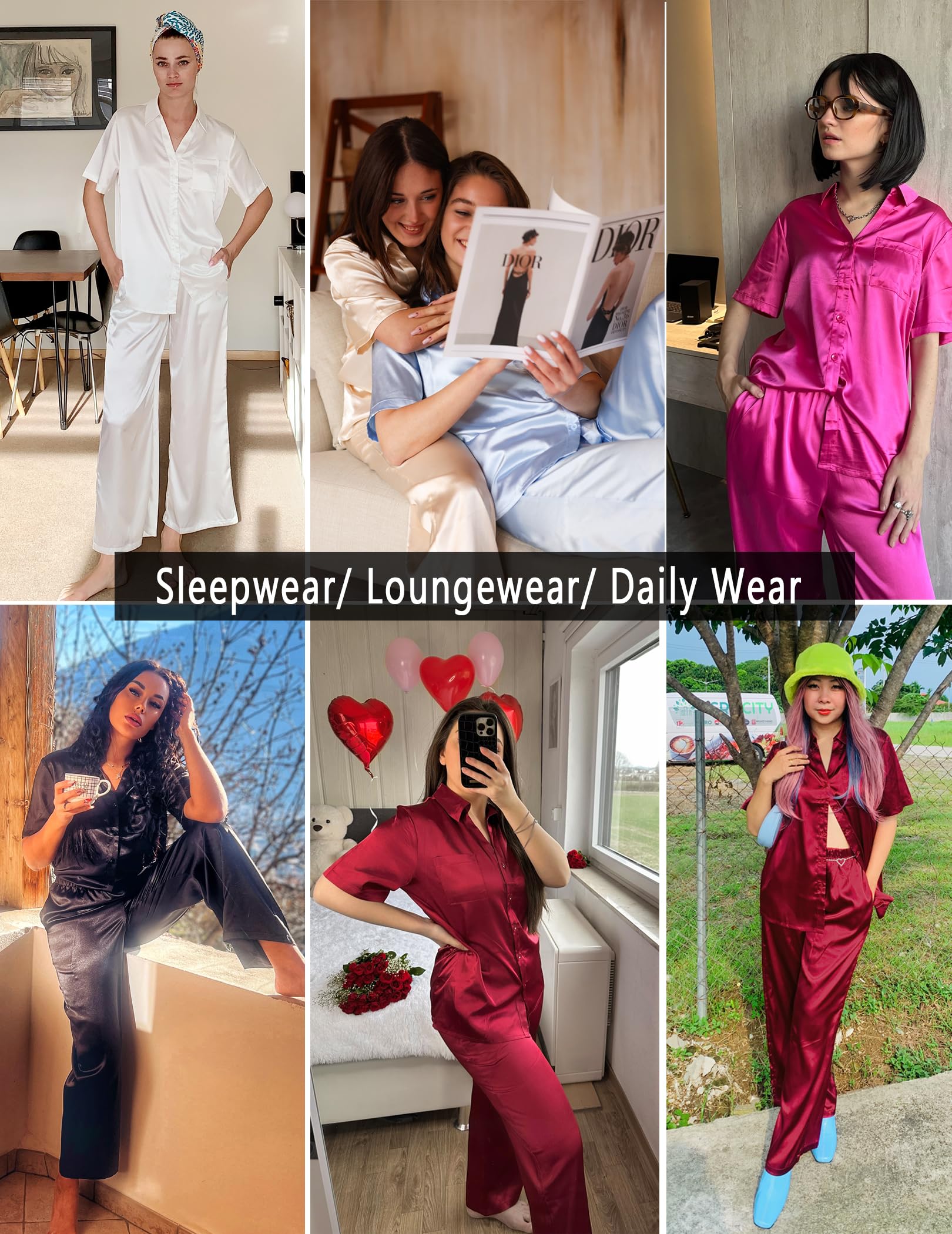 Ekouaer Women's Silk Satin Pajama Set - 2 Piece Soft Button Down Sleepwear with Wide Leg Pants & Pockets | Comfortable Loungewear for Sleeping, Relaxing at Home, and Travel