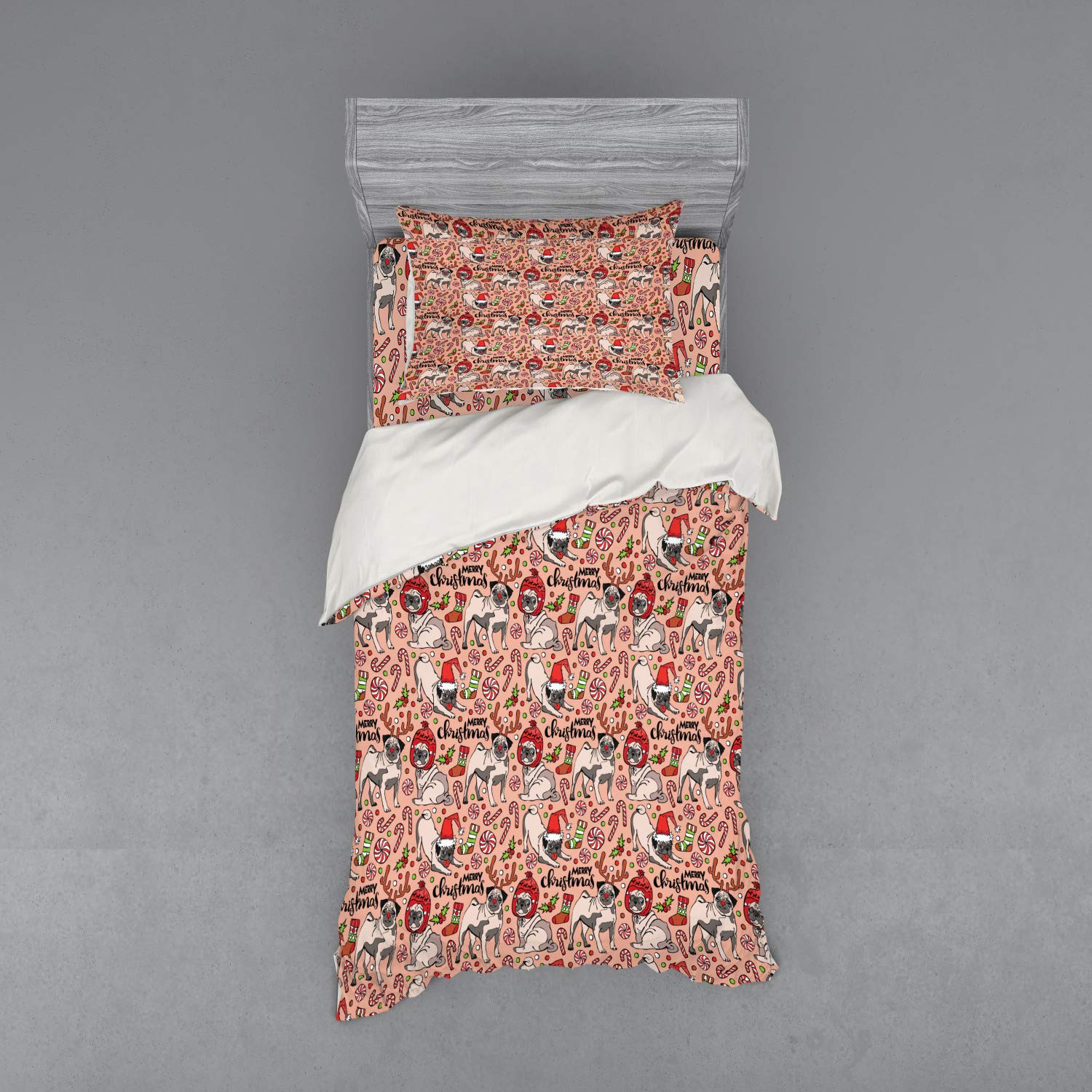 Ambesonne Pug Christmas Bedding Set - 3 Piece Duvet Cover with Sham & Fitted Sheet, Twin XL Size, Rose Red & Green Holiday Design - Perfect for Dog Lovers' Bedrooms & Festive Home Decor