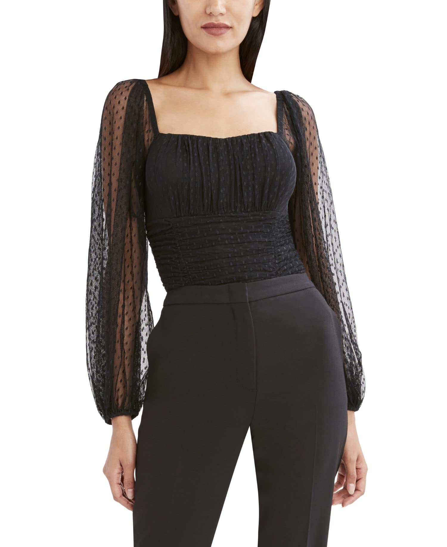 BCBGMAXAZRIA Women's Long Mesh Sleeve Bodysuit with Square Neck - Sexy Lingerie for Date Night & Special Occasions