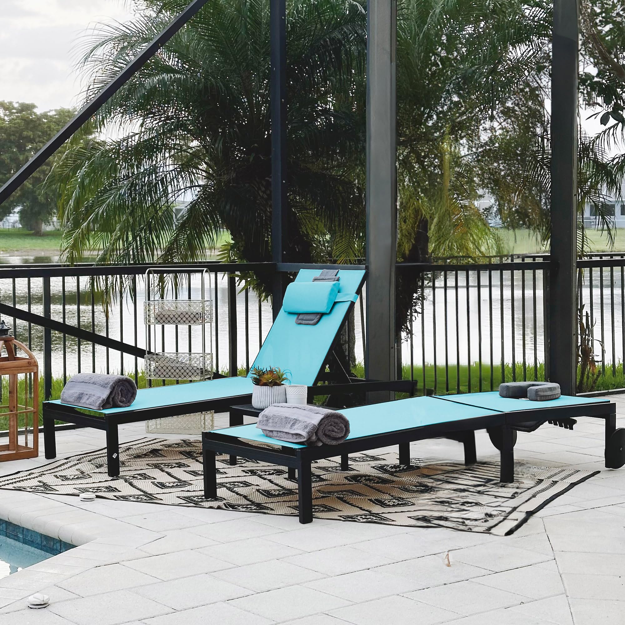 PURPLE LEAF Outdoor Tanning Lounge Chair Set - Adjustable Reclining Poolside Beach Chair with Face Hole, Wheels, Pillows & Table - Patio Aluminum Sunbathing Lounger (Blue) - Perfect for Backyard, Pool, Beach & Resort Relaxation