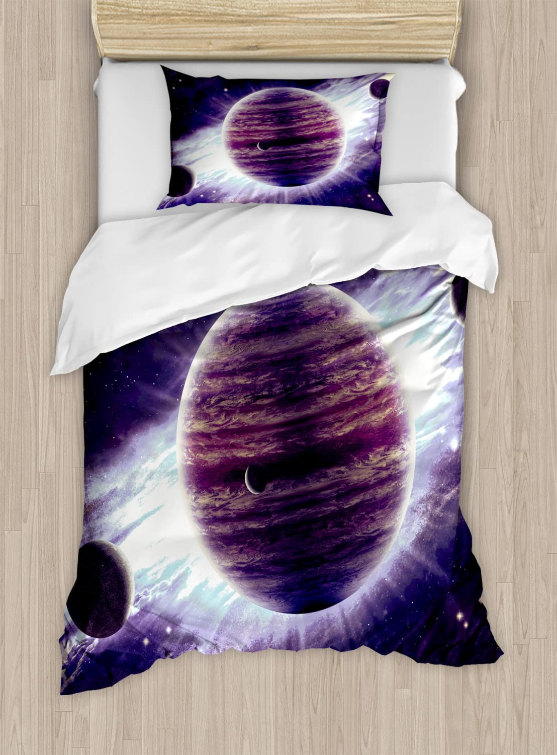 Ambesonne Galaxy Duvet Cover Set - King Size 2-Pack with 2 Duvet Covers & 4 Pillowcases | Outer Space Theme Featuring Planets Saturn Mars Neptune | Science Fiction Solar System Art Print Bedding | Mauve Purple | Perfect for Astronomy Lovers & Sci-Fi Themed Bedrooms