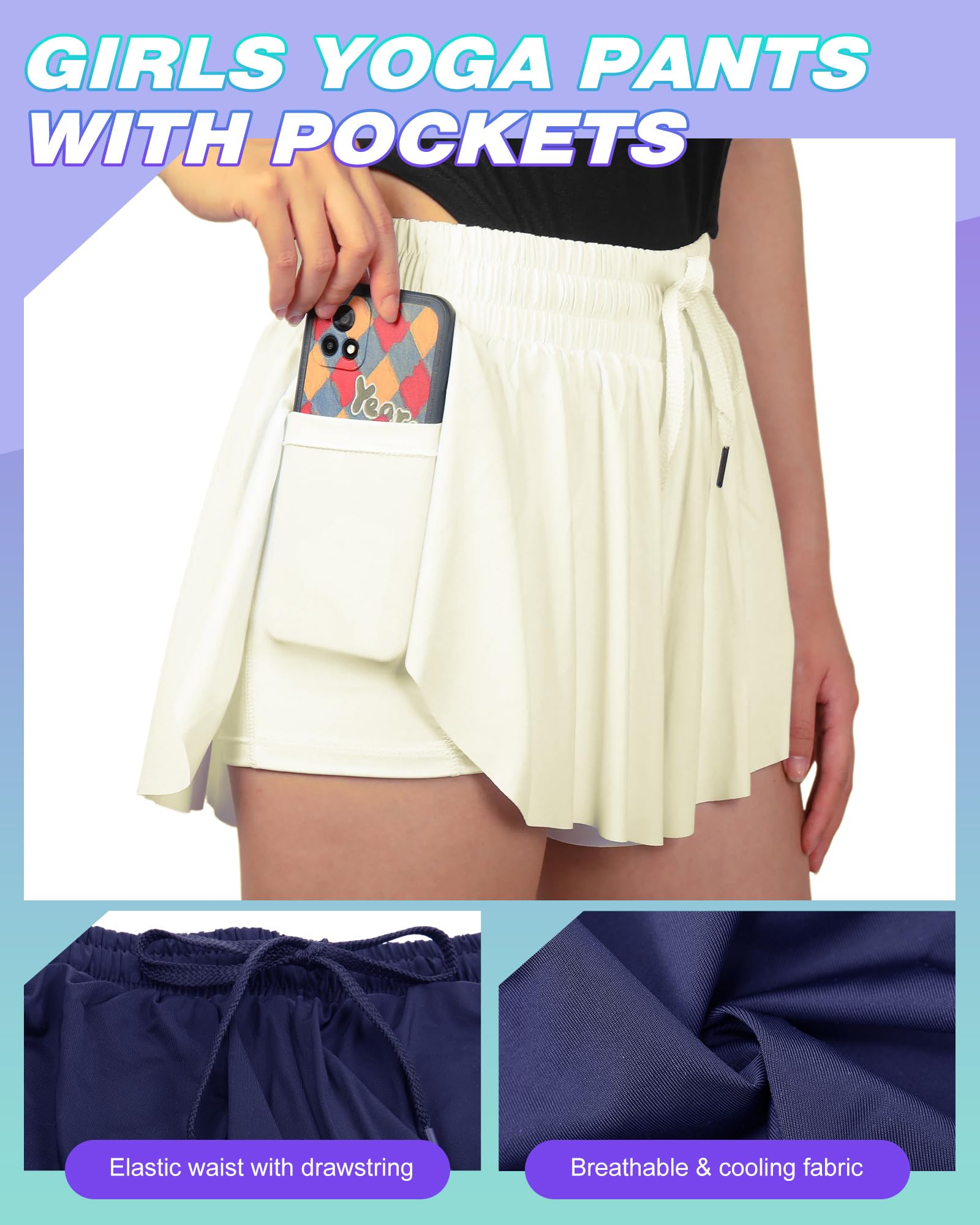 4 Pack Girls 2-in-1 Flowy Running Shorts with Pockets - Teen Kids Butterfly Print Gym Shorts for Women - Summer Workout Yoga Shorts for Running, Gym, and Outdoor Activities