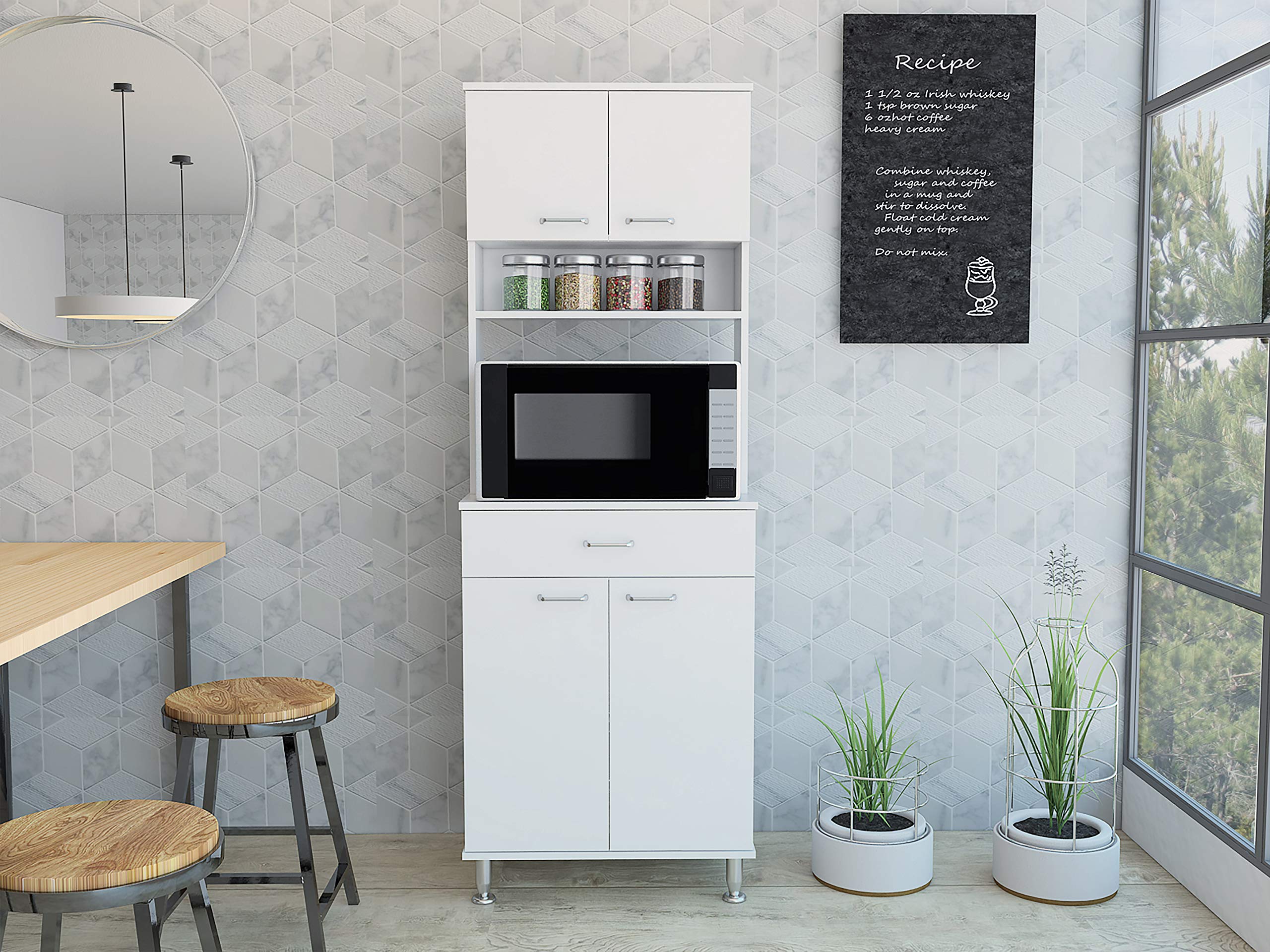 White Modern Kitchen Pantry Cabinet with 2 Double Doors, Drawer & 2 Open Shelves - 4 Sturdy Metal Legs for Bay Area Homes | Perfect for Small Kitchens, Apartments & Dining Room Storage
