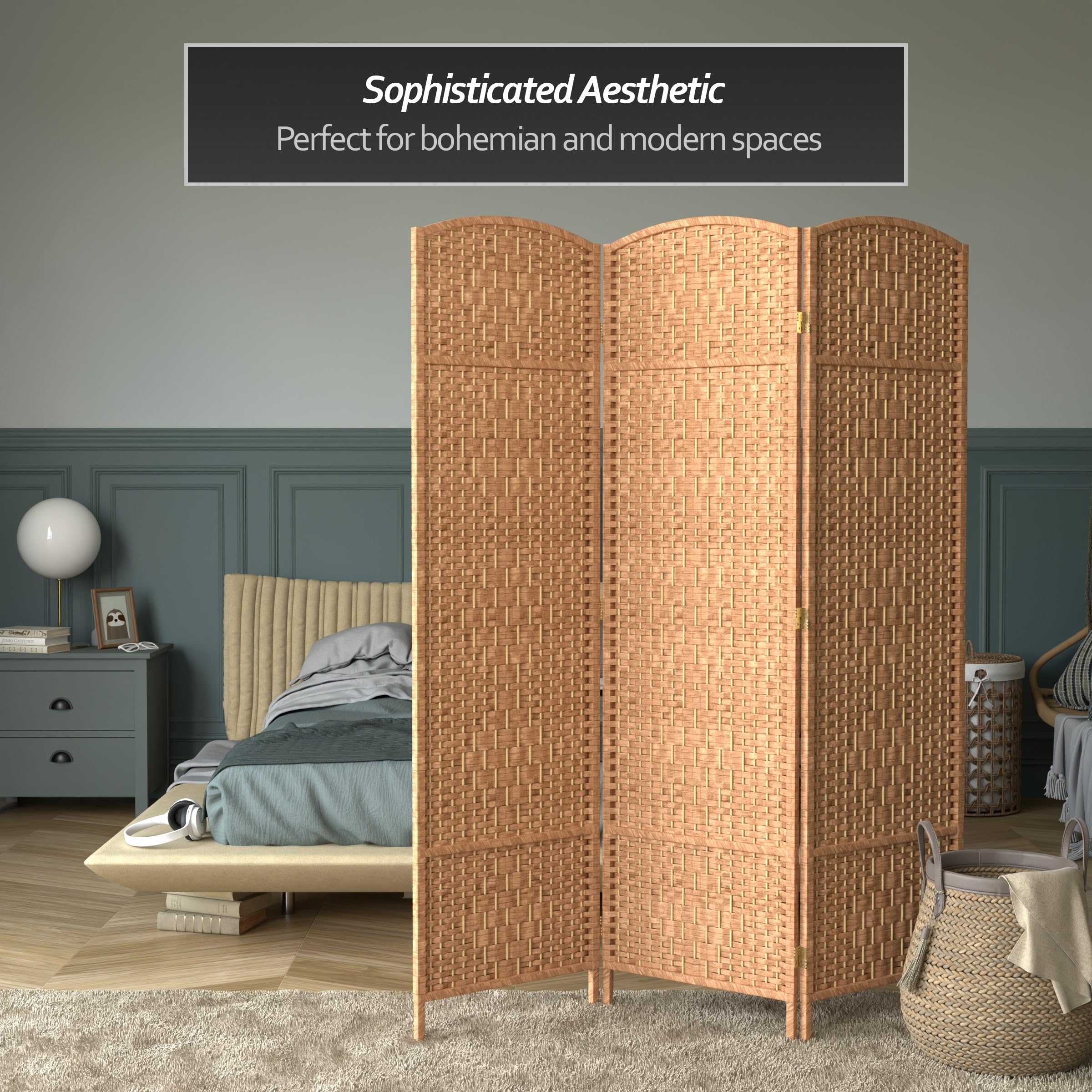 6 ft. Tall Red Diamond Weave Fiber Room Divider - Natural 3 Panel Folding Screen for Home Decor, Office Partition & Asian-Themed Events