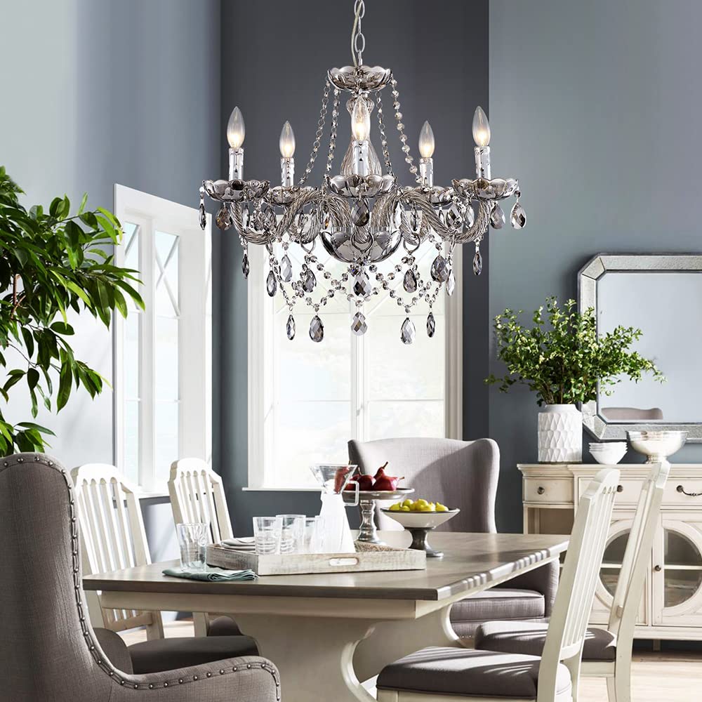 Saint Mossi 5-Light Modern K9 Crystal Chandelier - Adjustable Chain Contemporary Pendant Ceiling Light Fixture for Dining Room, Bedroom, Living Room - Smoky Gray | Elegant Lighting for Home Decor & Special Occasions