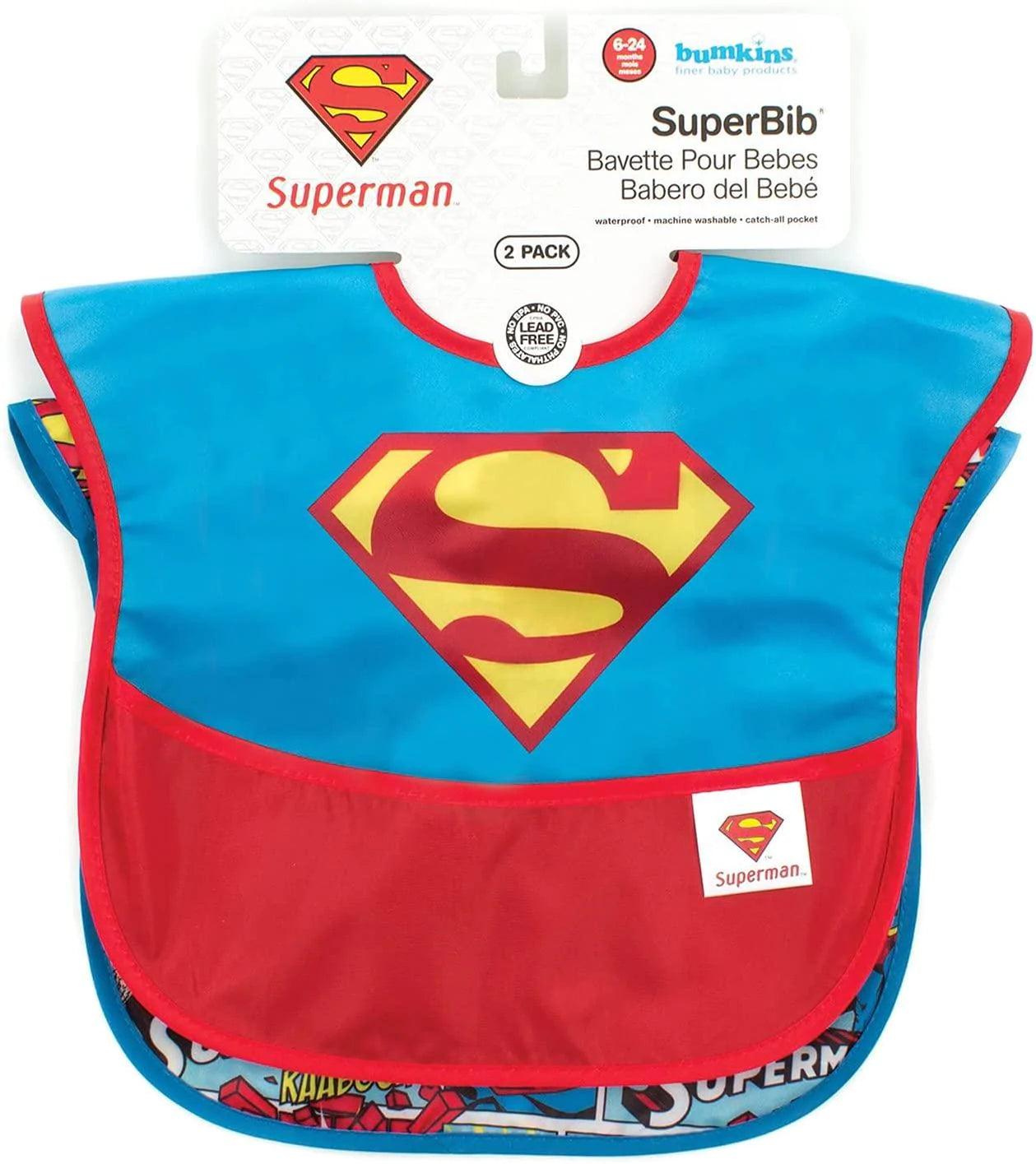 Bumkins Superman Super Bib 2 Pack - Waterproof Baby Feeding Bibs for Toddlers & Infants - Soft & Adjustable for Mess-Free Mealtime - Perfect for Home, Daycare & Travel
