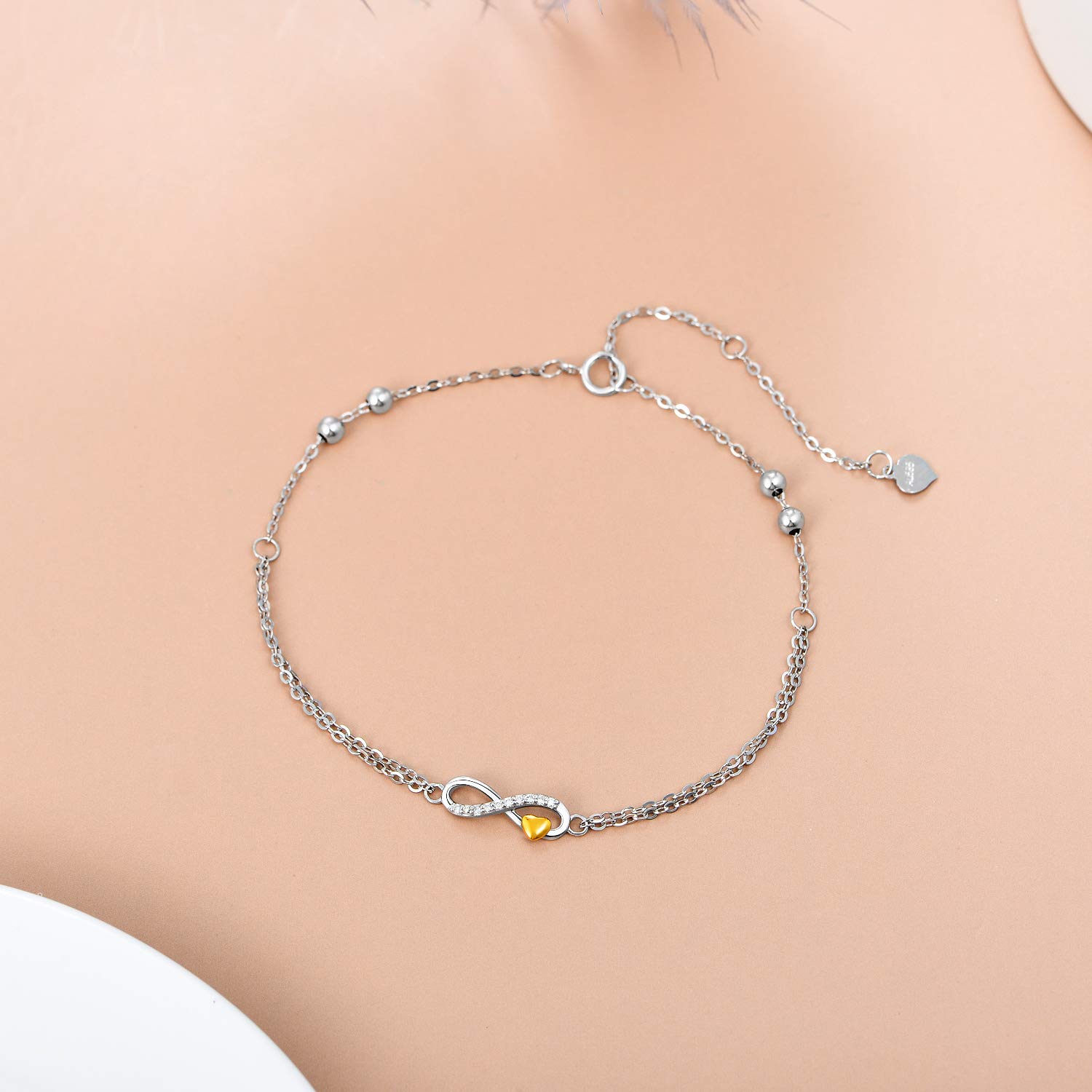 14K Real Gold Heart Infinity Bracelet for Women - Yellow & White Gold Diamond Infinity Beads Bracelet, Valentine's Day Birthday Jewelry Gift for Wife, Mom, Girlfriend (6.5