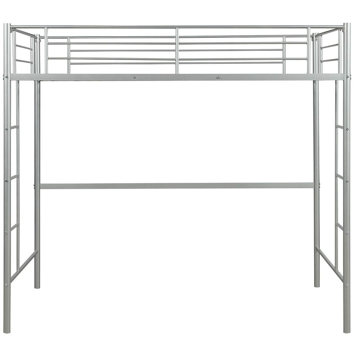 Modern Twin Loft Bed with Ladder - Sturdy Metal Frame in Silver Finish for Kids & Teens | Space-Saving Bunk Bed for Bedroom, Dorm, Studio Apartment | Perfect with Study Desk, Play Area or Storage Underneath