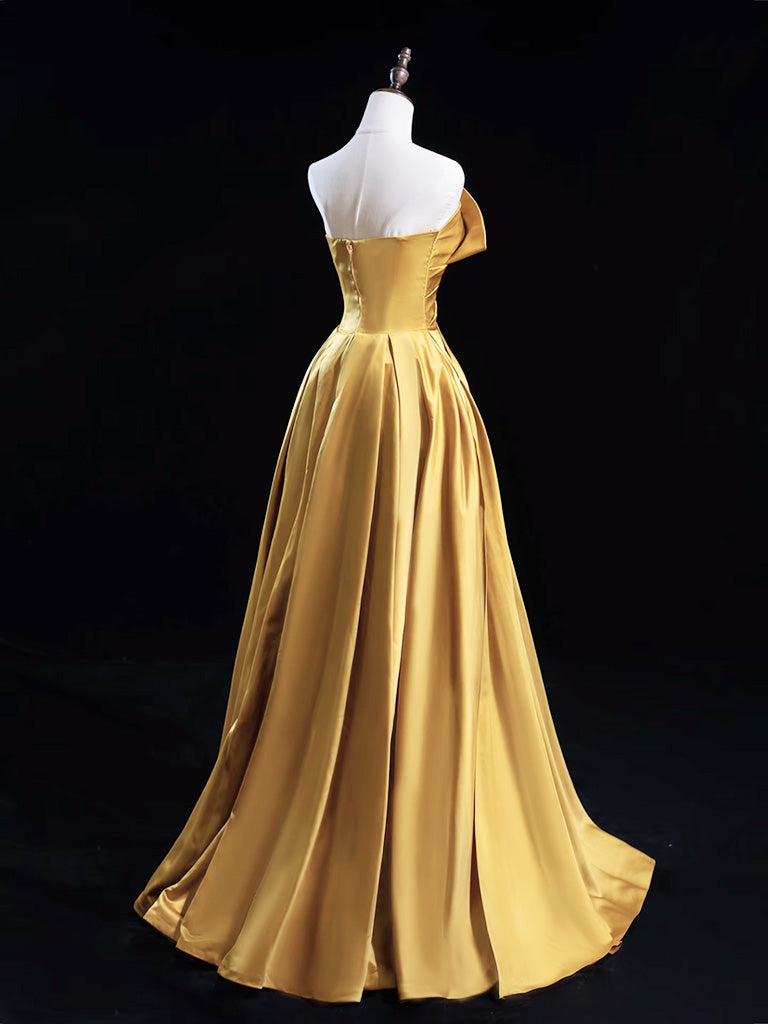 Elegant A-Line V-Neck Satin Gold Long Prom Dress for Women - Formal Evening Gown for Homecoming, Ball, Wedding & Special Occasions