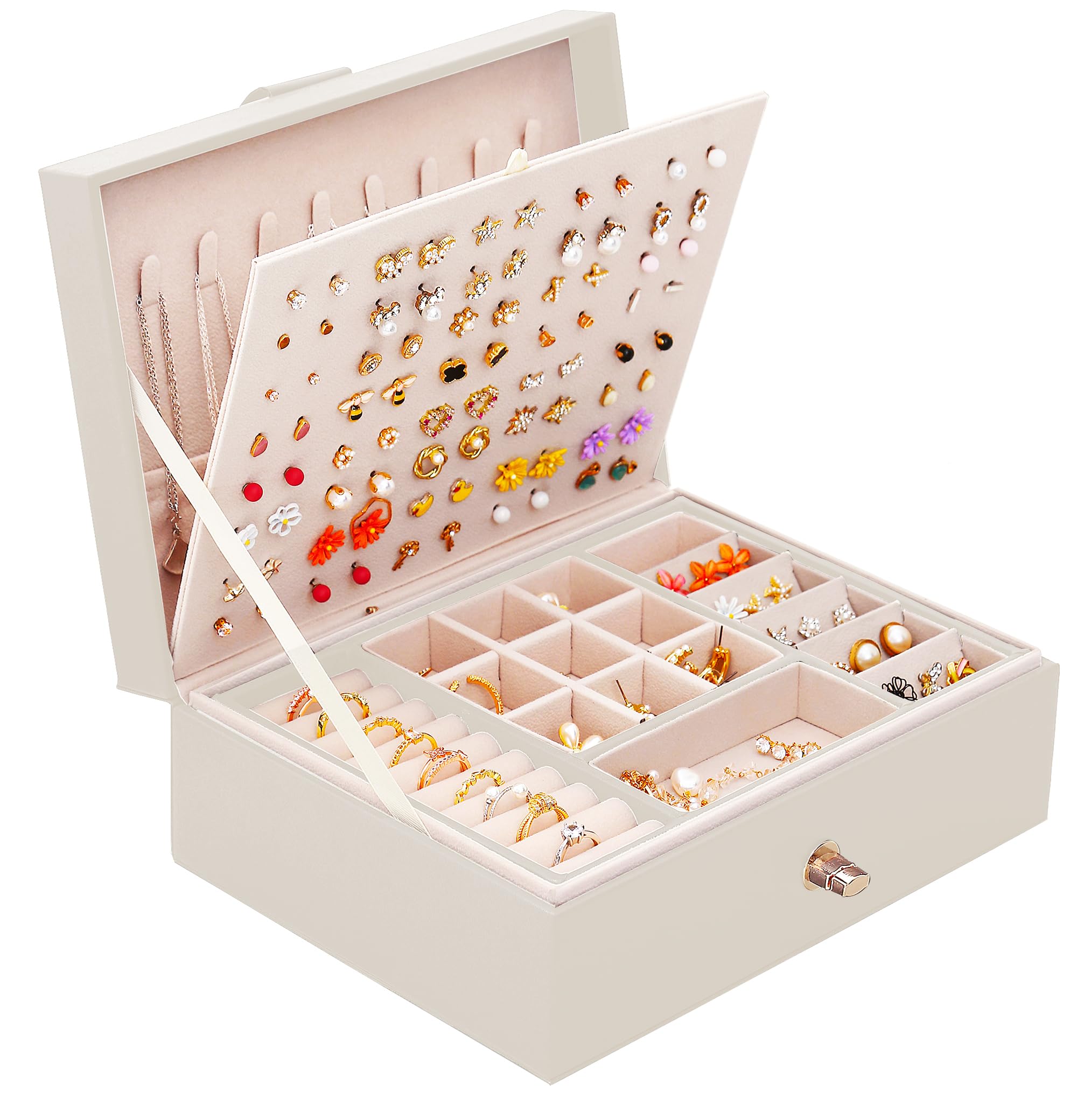 **Beige Jewelry Box Organizer for Girls - Earring Holder, Necklace & Ring Storage - Perfect for Teen Bedroom, Birthday Gifts & Travel Jewelry Case**