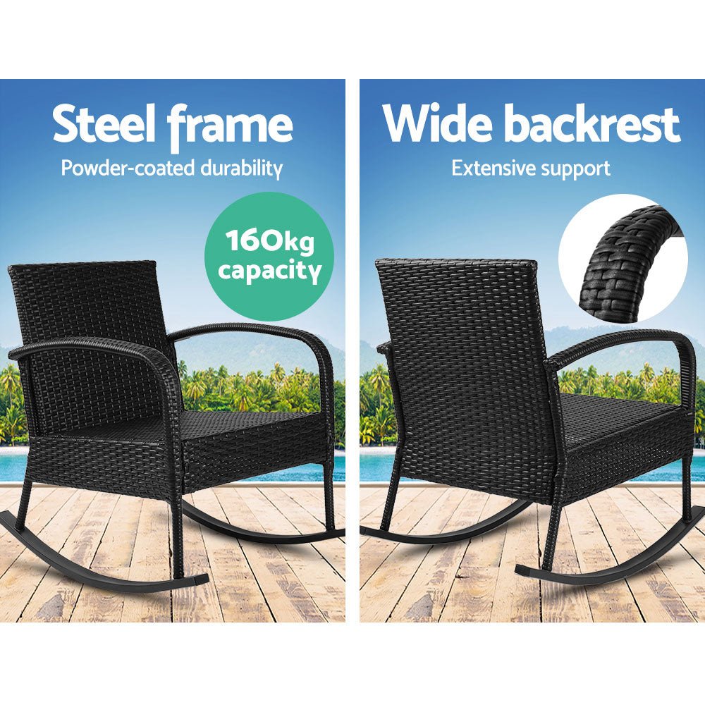 3-Piece Wicker Rocking Chair Patio Set with Table - Black Outdoor Furniture for Garden, Porch, and Backyard Relaxation