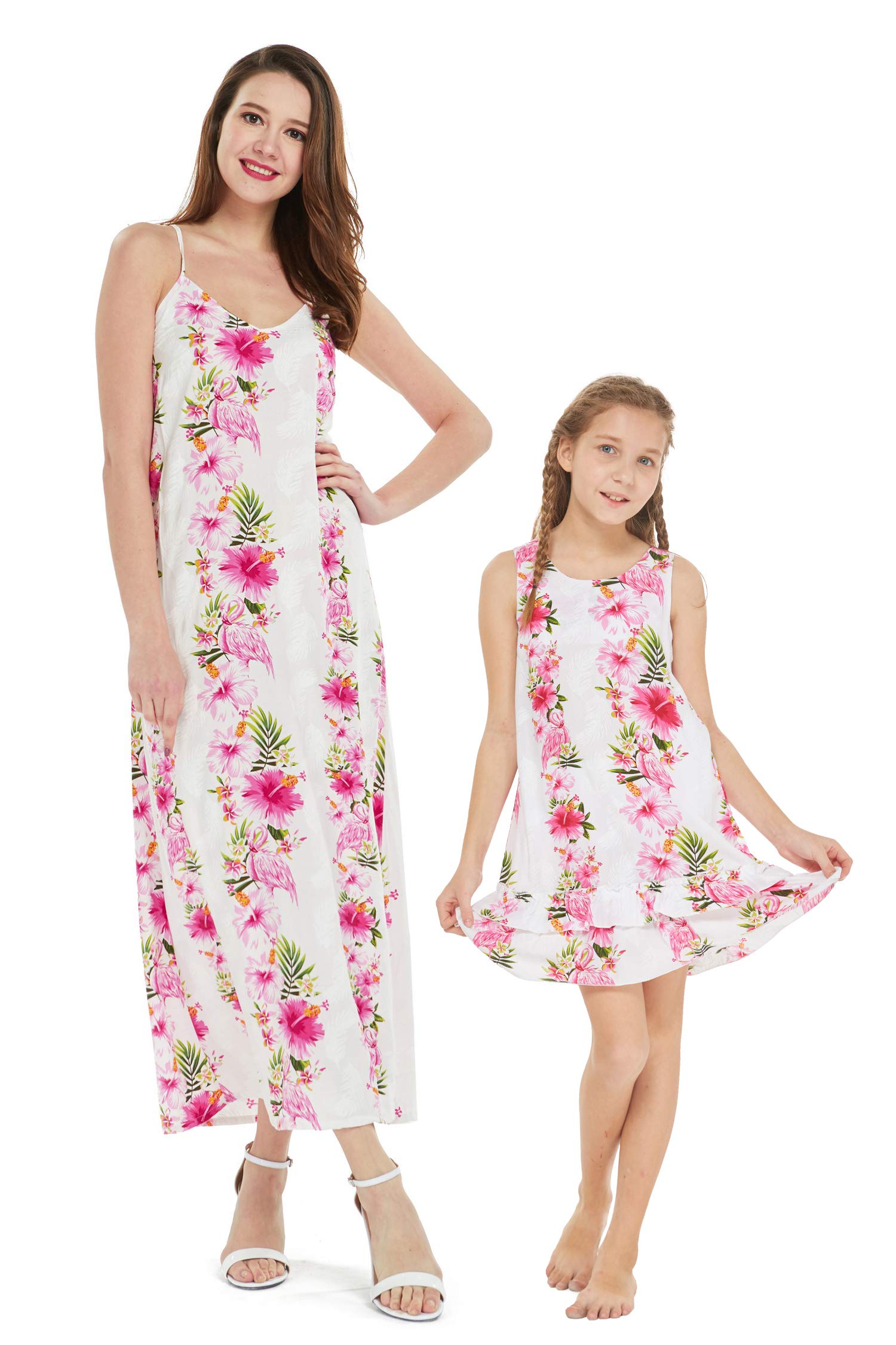 Hawaiian Luau Mother Daughter Matching Outfits - Sweetheart Maxi Dress & Ruffle Tank Top Set in Light Blue Cereus | Perfect for Beach Vacations, Family Photos, and Summer Parties