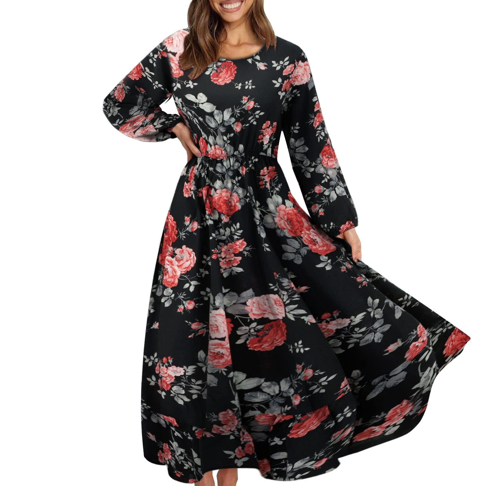 Qvkarw Women's Floral Print Summer Dress with Long Sleeves, Tiered Ruffle Hem - Elegant Formal Wedding Guest Dress for Parties, Bridal Showers & Special Occasions