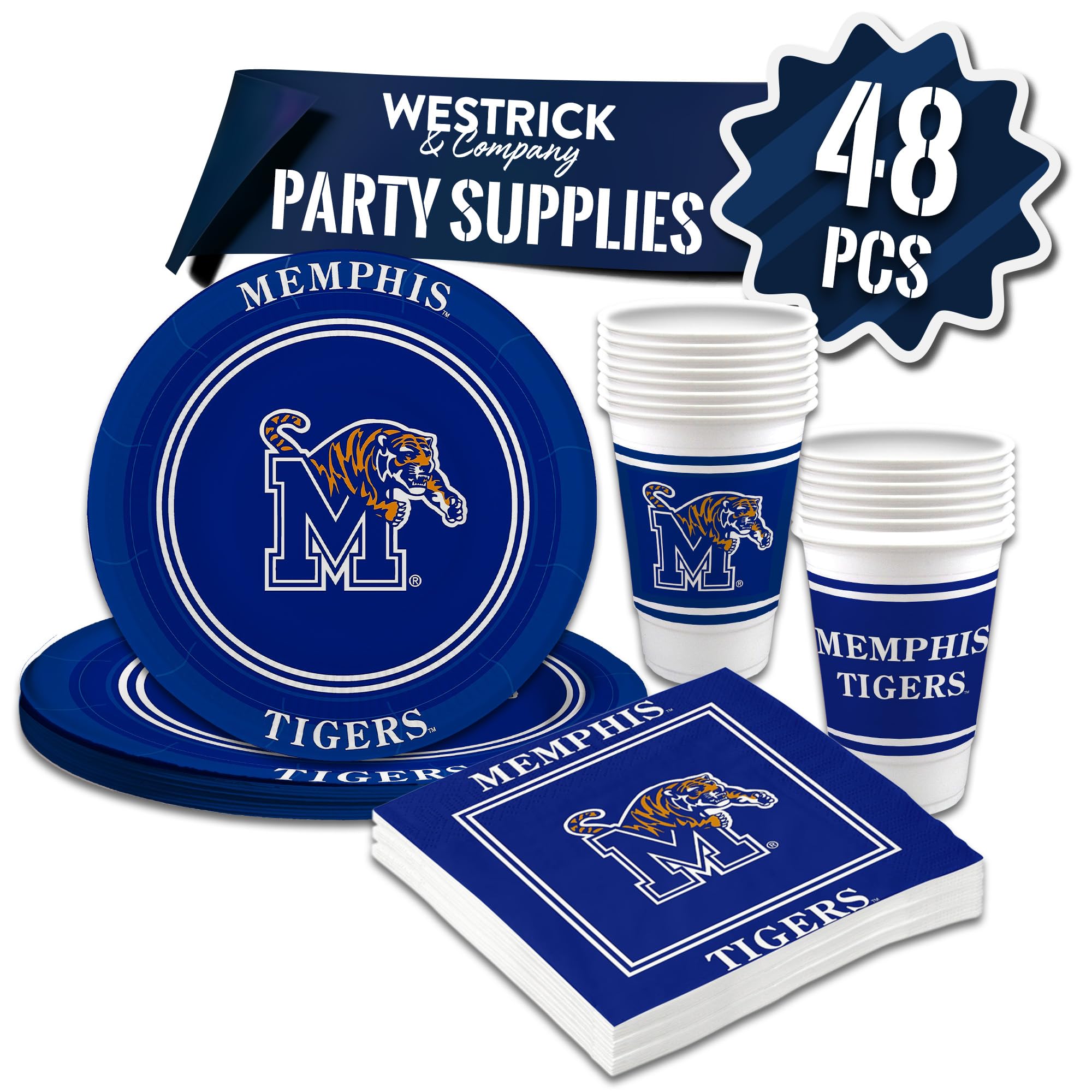 Westrick Memphis Tigers Party Supplies 48-Piece Officially Licensed University Set - 16 oz. Plastic Cups, 9