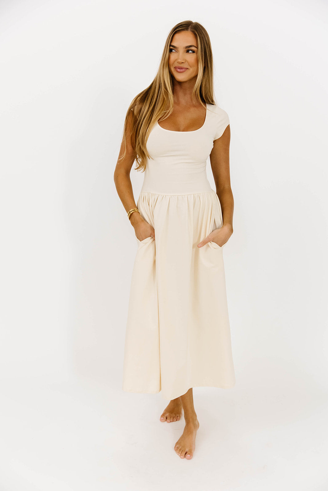 Larissa Cap Sleeve Midi Dress in Ecru | Women's Elegant Flowy Summer Dress for Wedding, Party & Casual Wear