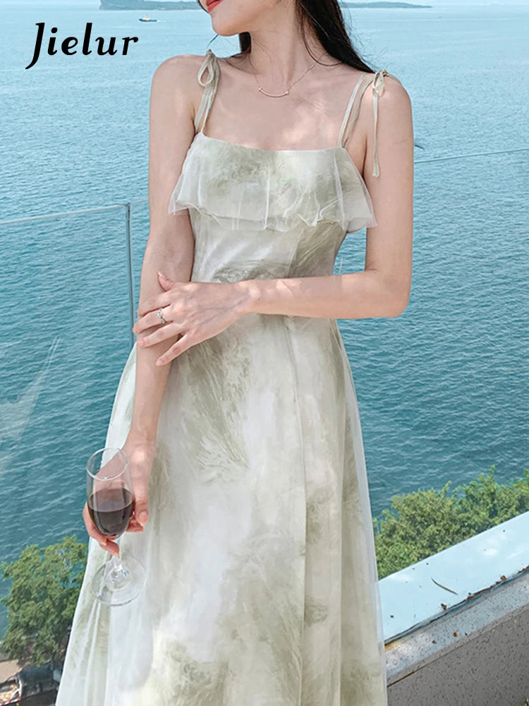 Strapless Green Floral Chiffon Dress for Women - Summer Sleeveless Slash Neck Elegant Beach Dress | Perfect for Vacations, Weddings & Tropical Getaways