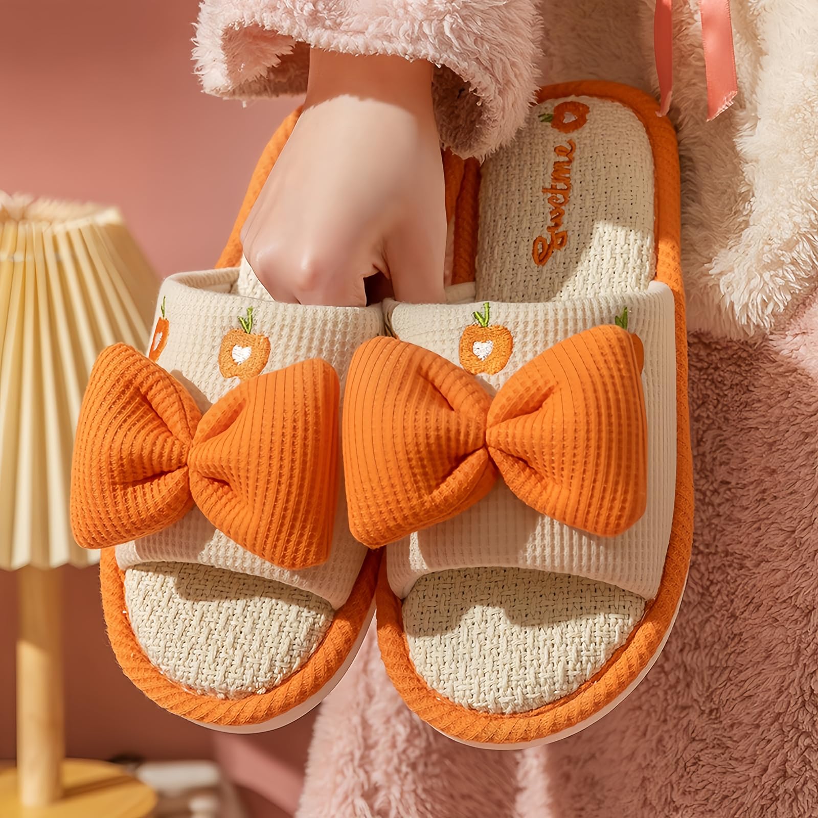Comfortable Linen Slippers with Cute Bow & Non-Slip Thick Sole - Cozy Home Footwear for Women, Perfect for Indoor Relaxation and Lounging