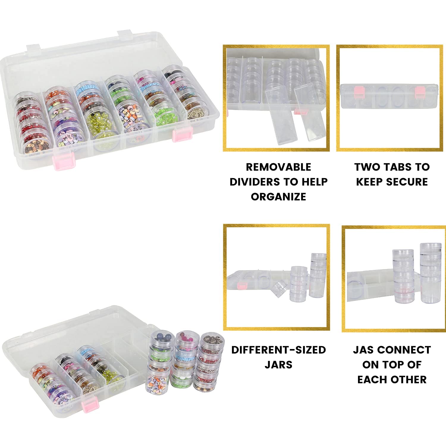 Everything Mary Large Plastic Bead Storage Organizer Box - 28 Jars for Beads, Crafts & Art Supplies - Clear Plastic Container Case for Painting & DIY Organization - Perfect for Craft Rooms, Jewelry Making & Home Office Storage