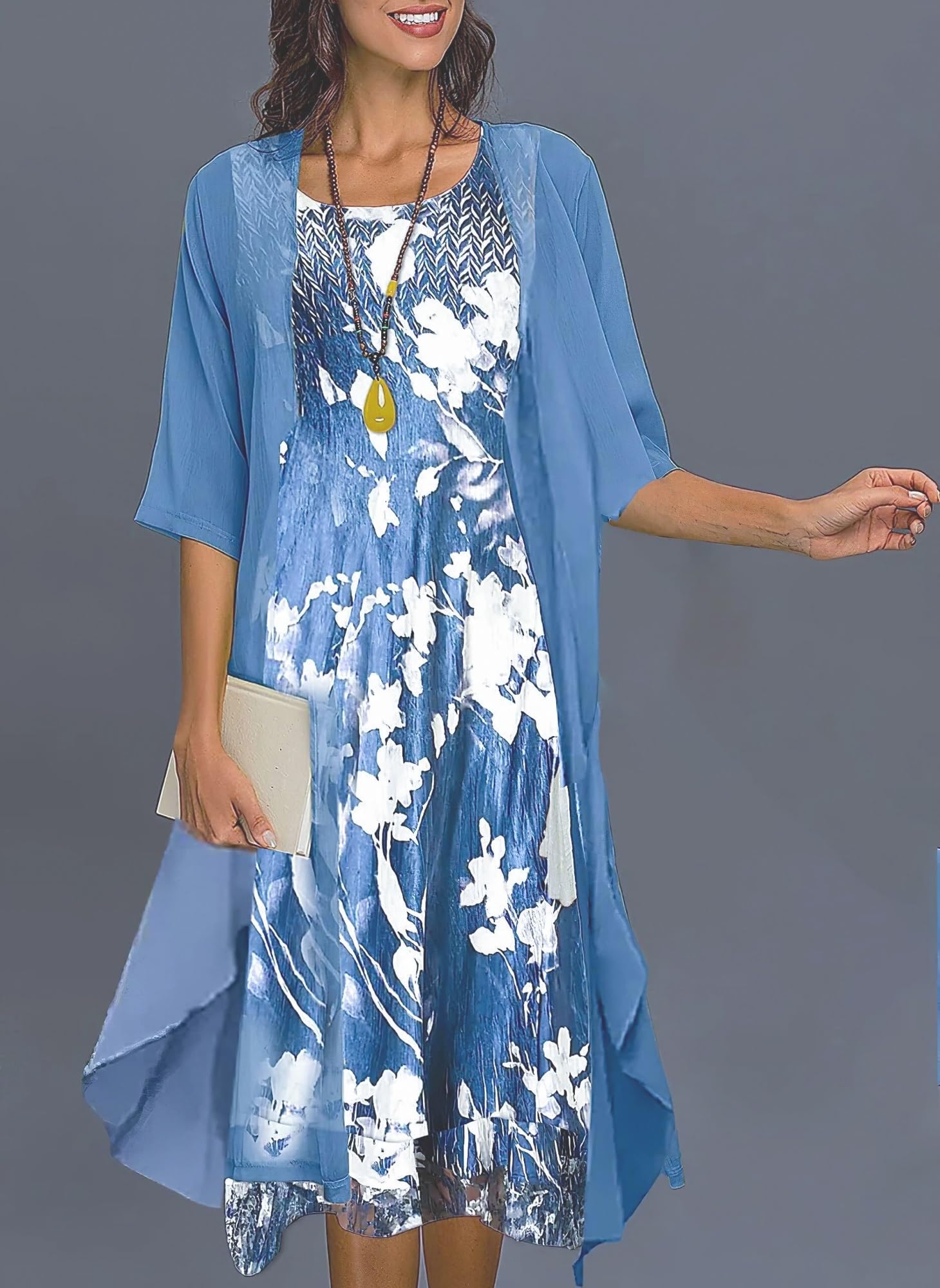 Elegant Two-Piece Maxi Dress Set for Women - Flowy Chiffon Cardigan & Floral Print Midi Dress with Lace Jacket - Wedding Guest Outfit, Beach Cover-Up, Summer Party Dress - X-Large