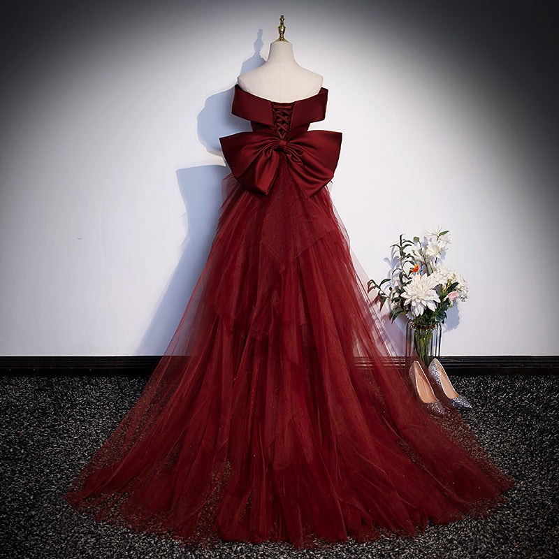 Elegant Burgundy Mermaid Evening Gown - Off Shoulder Satin Prom Dress for Women | Perfect for Formal Events, Weddings & Special Occasions