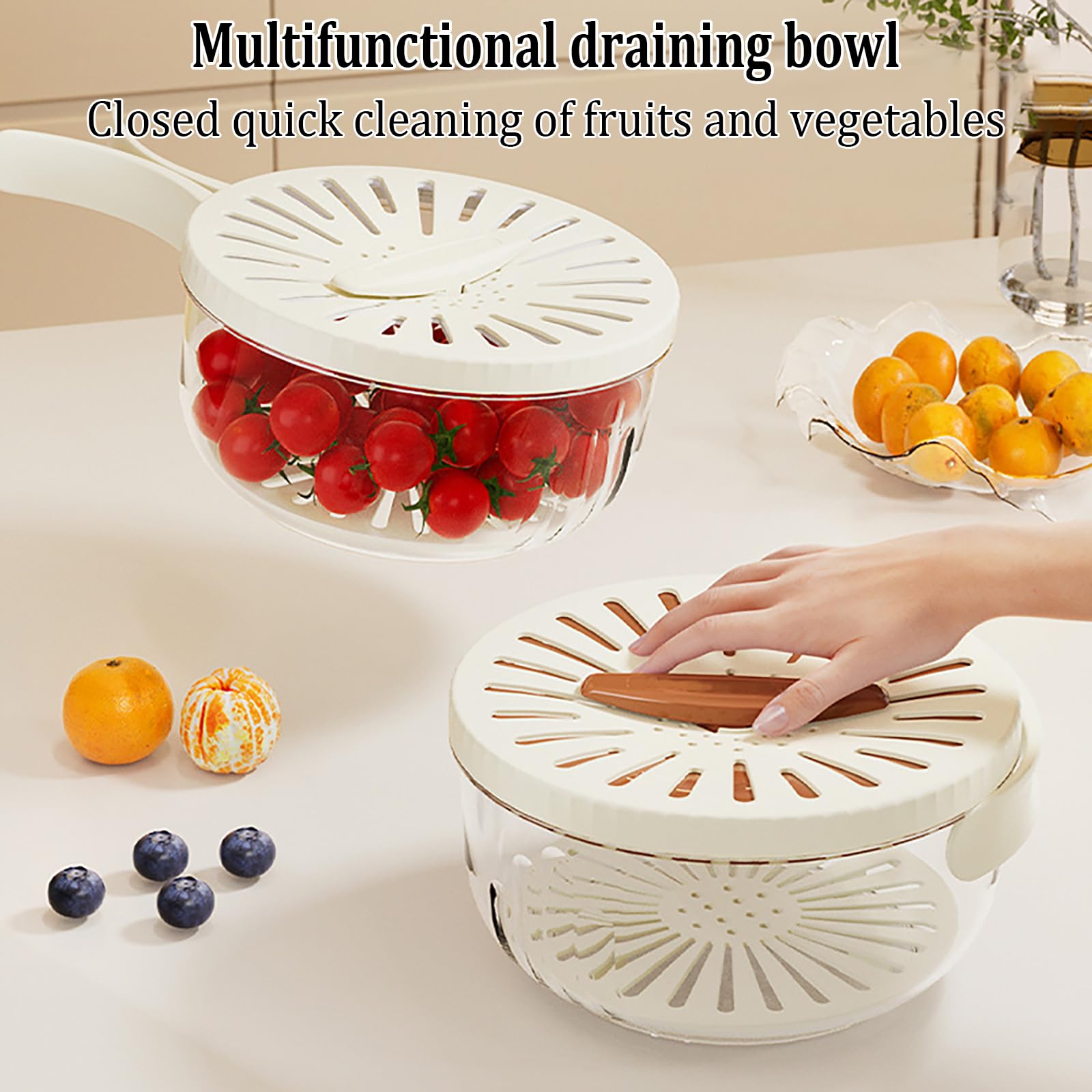 Stainless Steel Fruit and Vegetable Drain Basket with Lid - Dual Layer Kitchen Colander for Washing, Draining, and Storing Produce - Foldable Handle for Easy Storage - Perfect for Salad Prep, Pasta Draining, and Fresh Produce Storage
