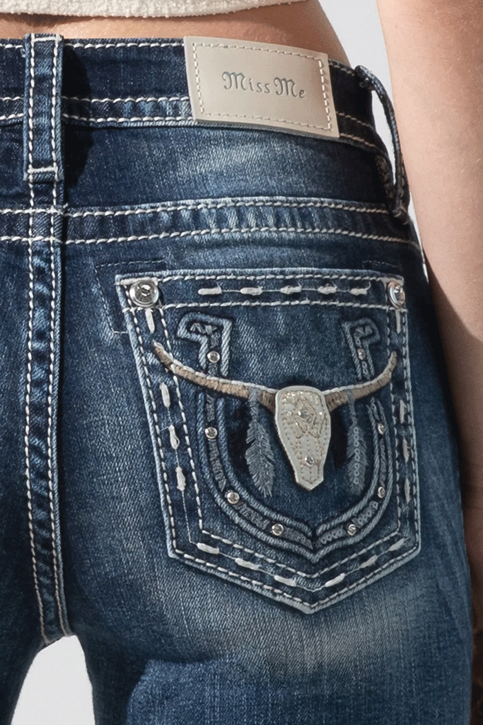 Miss Me M3914B Women's All Night Longhorn Bootcut Jeans - Dark Blue Denim for Casual Wear & Western Style Outfits