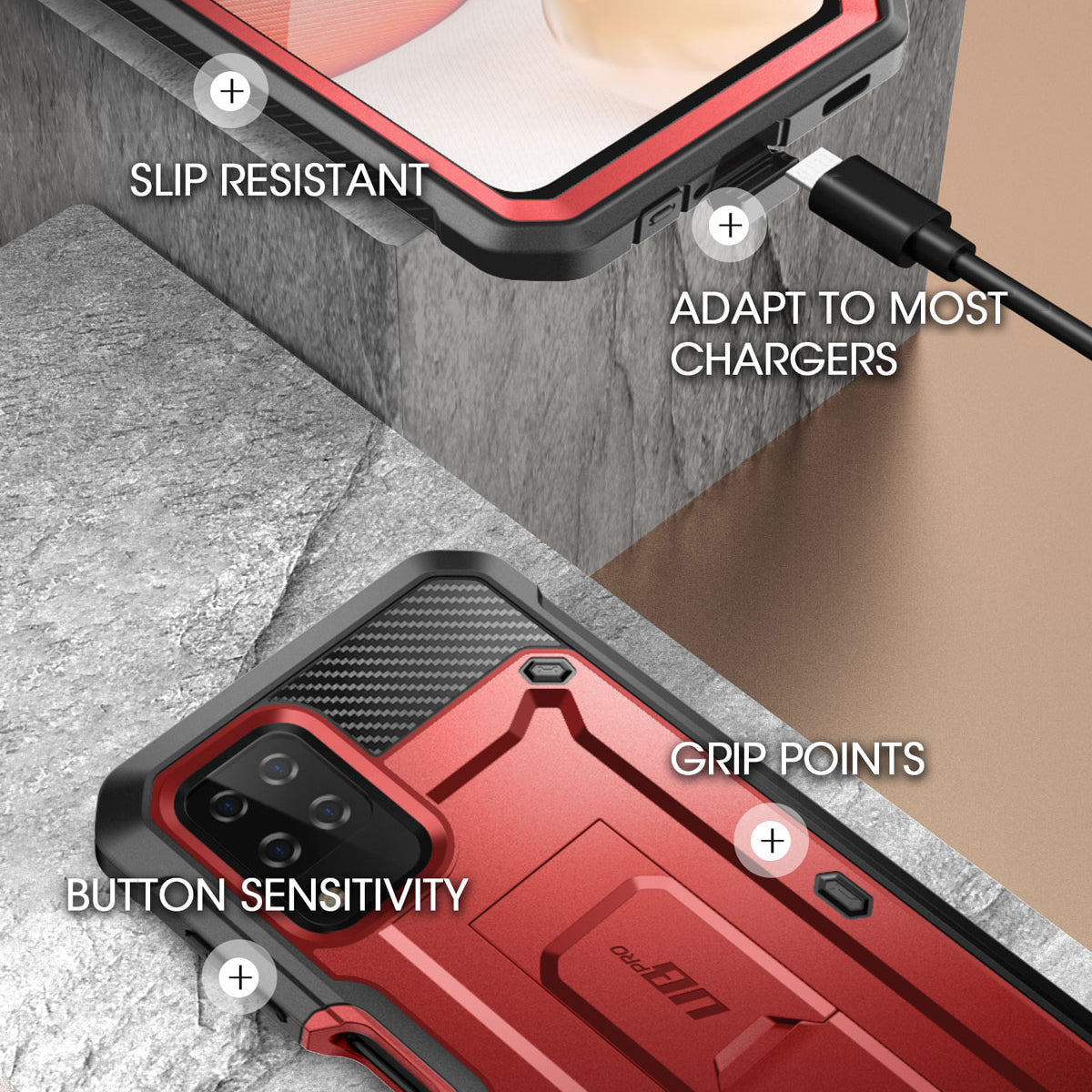 Samsung Galaxy A12 Unicorn Beetle Pro Rugged Case with Holster - Shockproof & Drop Protection - Metallic Red - Perfect for Construction, Outdoor Work & Extreme Sports