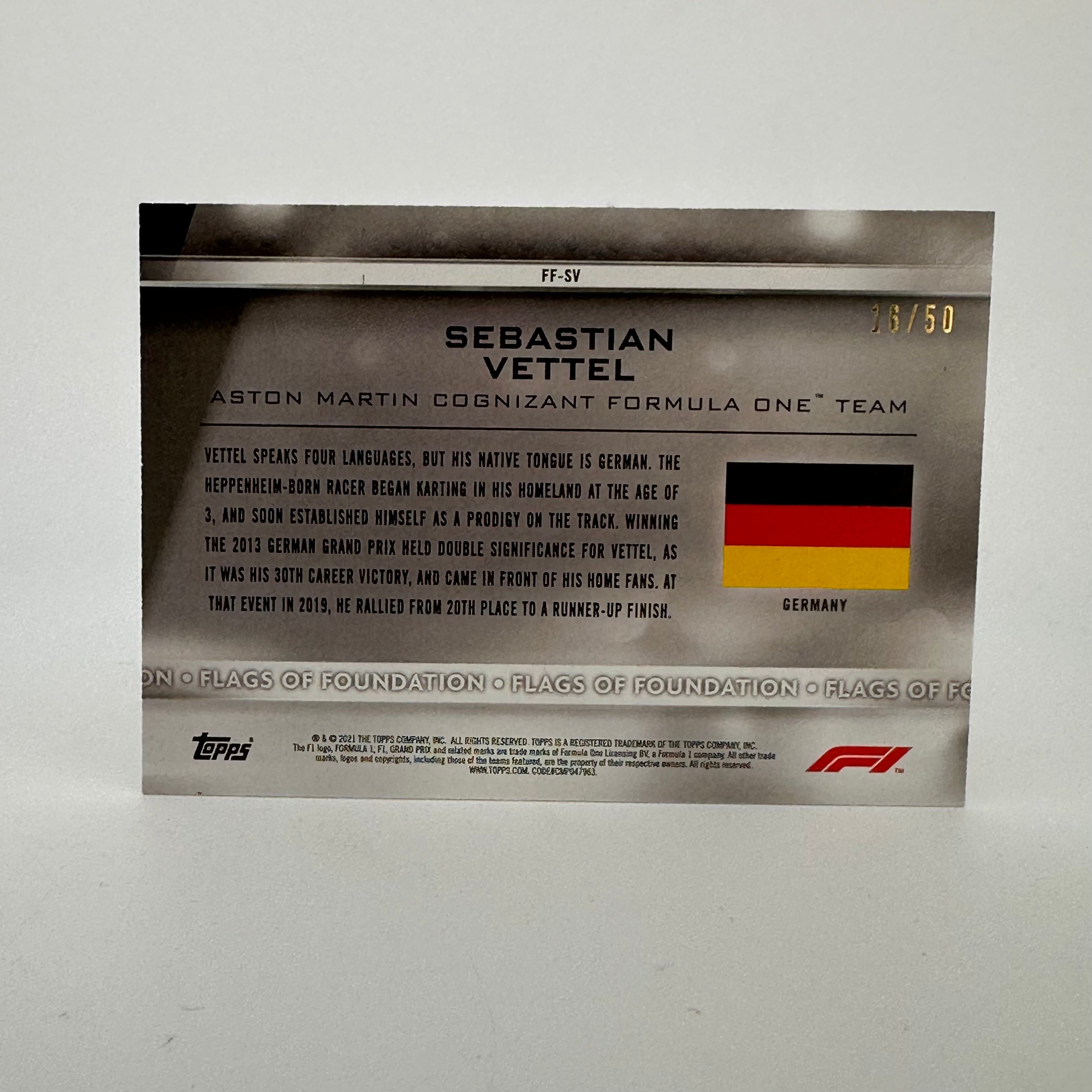 16/50 Gold Sebastian Vettel #FF SV Flags Of Foundation - Limited Edition Collectible for Formula 1 Fans, Perfect for Display in Home or Office