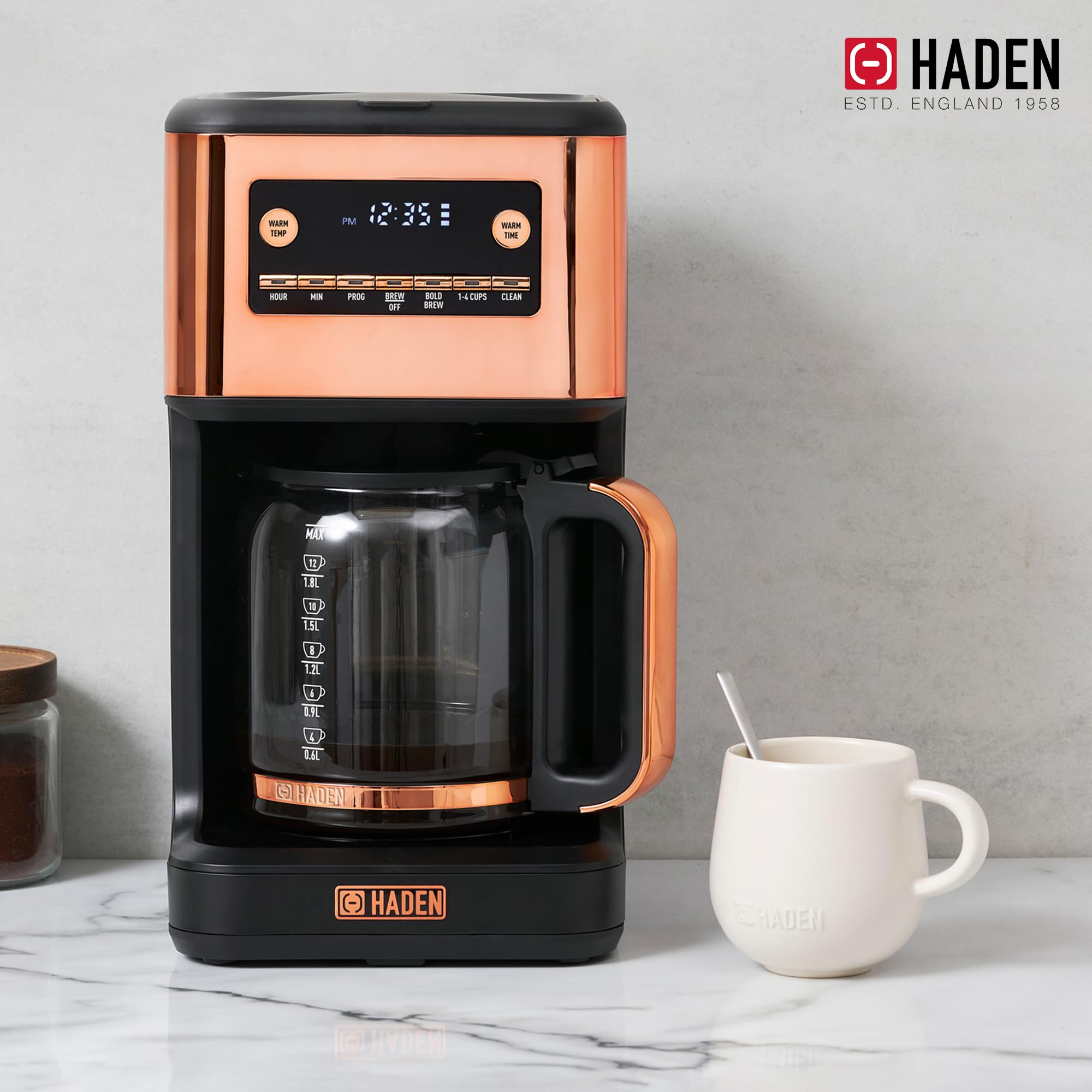 HADEN 14-Cup Programmable Coffee Maker with 120-Minute Keep Warm, Delay Brew & Adjustable Strength - Black/Copper - Perfect for Home, Office & Entertaining