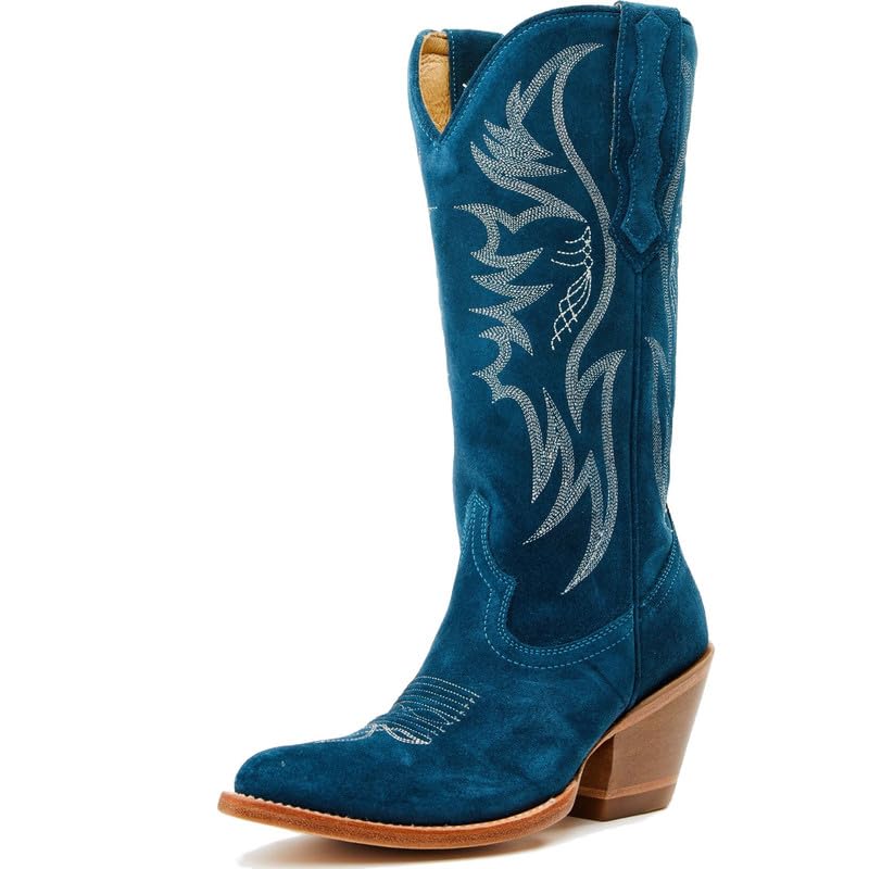 AMINUGAL Women's Suede Cowboy Boots - Wide Calf Embroidered Western Boots with Pointed Toe | Pull On Cowgirl Boots for Country Concerts, Rodeo & Retro Fashion | Chunky Block Heel Mid Calf Ankle Boots for Everyday Wear & Special Occasions