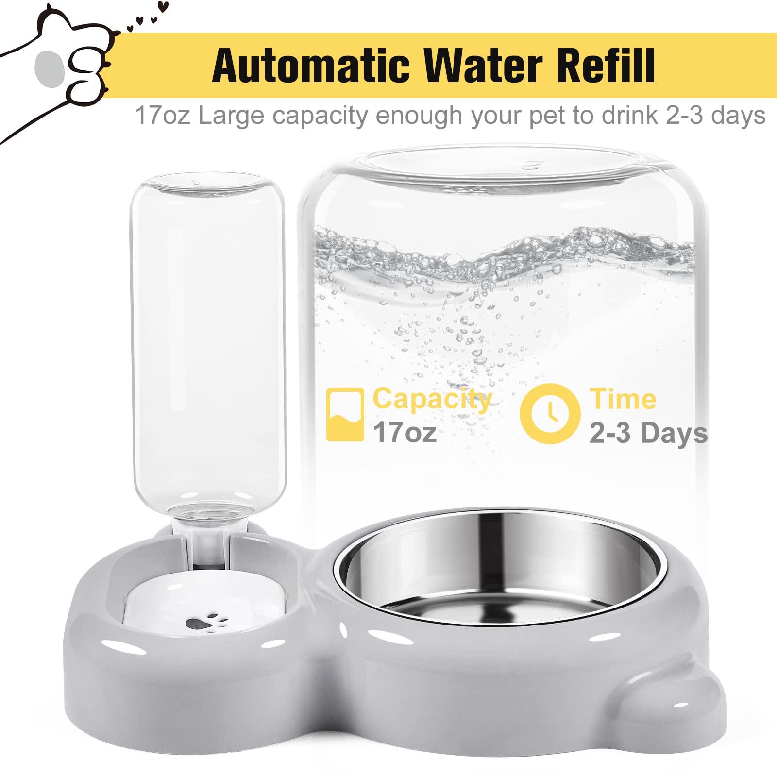 Premium Stainless Steel Cat and Small Dog Bowls Set with Water Dispenser - Non-Slip Pet Food & Water Dishes for Home, Travel, and Outdoor Use - Grey