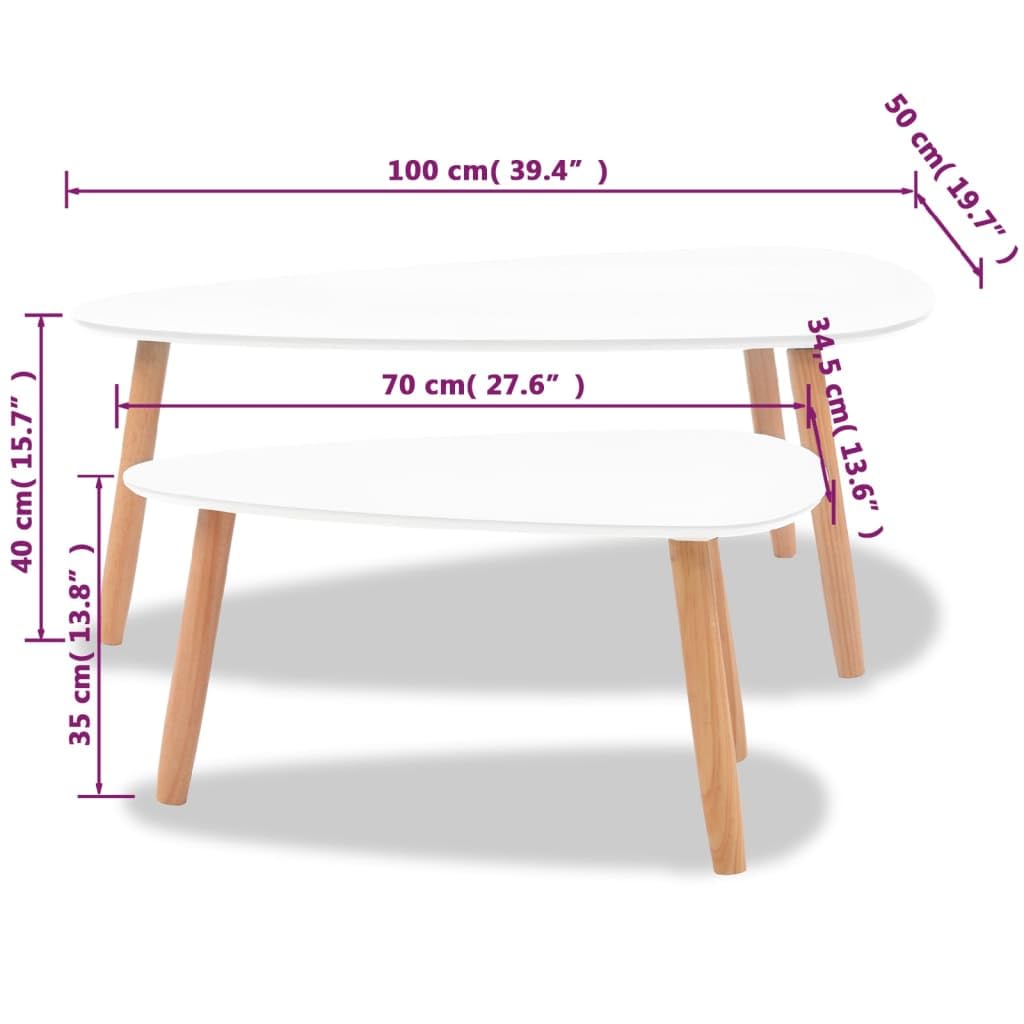 vidaXL 2-Piece Nesting Coffee Table Set with Solid Pine Wood Legs - Scandinavian Style White Side Tables for Living Room, Bedroom & Office