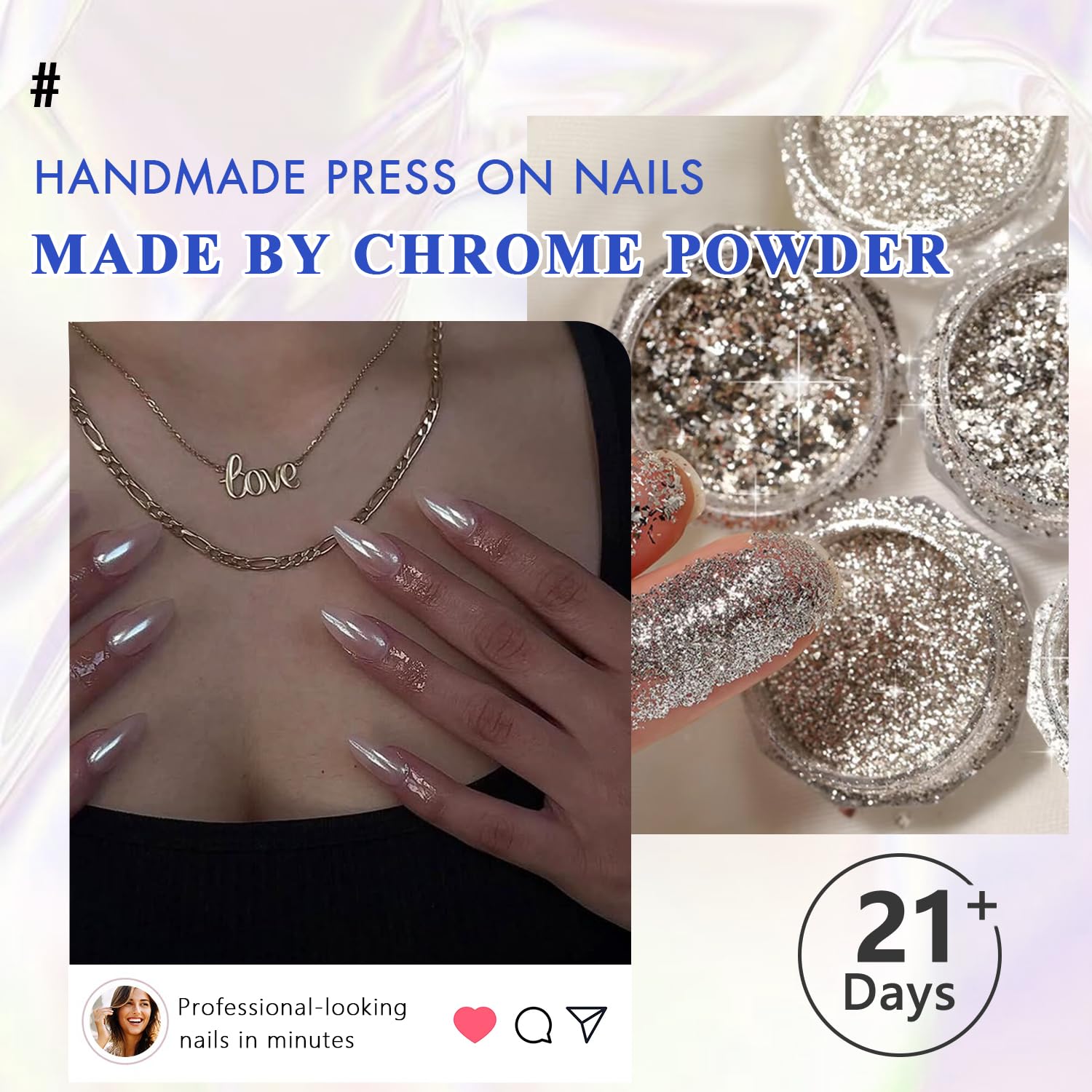 KQueenest Short Press On Nails - Chrome Square Fake Nails with Mirror Shine & Sparkle Gel | Natural Glazed Glue On Nails for Women | Perfect for Daily Wear, Office, Parties & Special Occasions