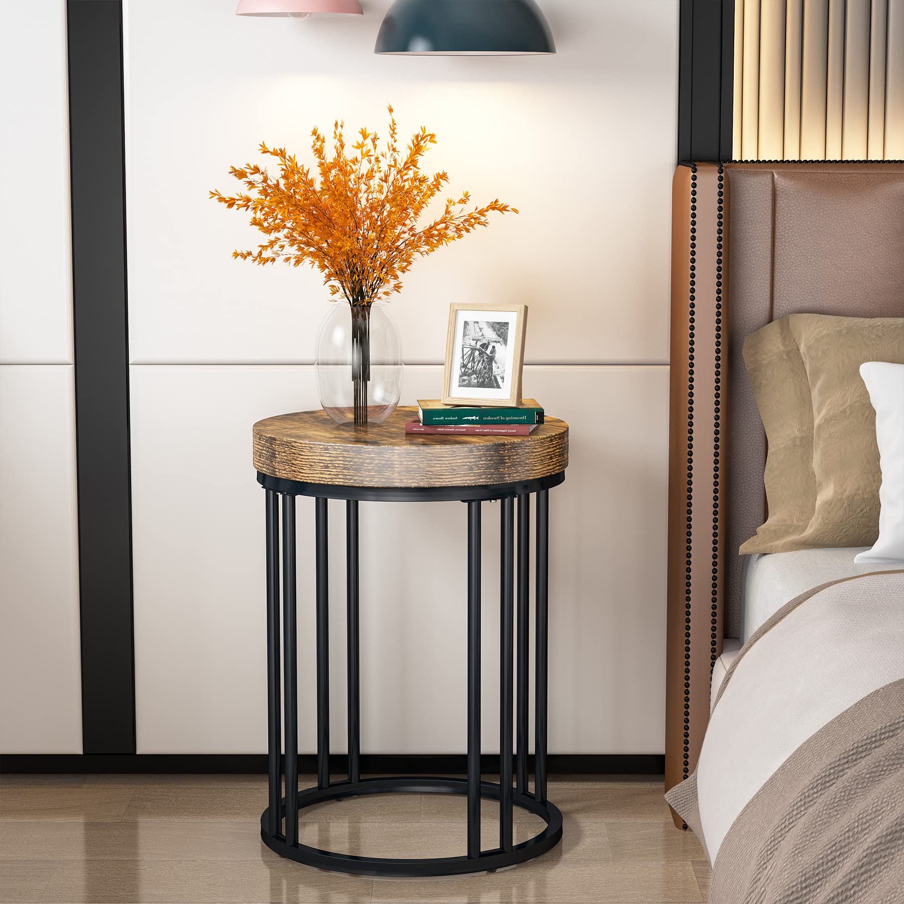 Modern Round End Table with Metal Frame & Wooden Circle Top - Rustic Brown & Black Nightstand for Bedroom, Living Room, Sofa - Space Saving Accent Table Easy to Assemble - Perfect for Small Spaces, Apartments & Home Decor