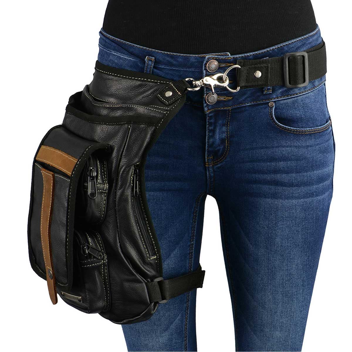 Milwaukee Leather MP8897 Conceal Carry Thigh Holster Bag - Black & Tan Leather with Adjustable Waist Belt for Pistol & Essentials | Perfect for Hiking, Travel & Tactical Use