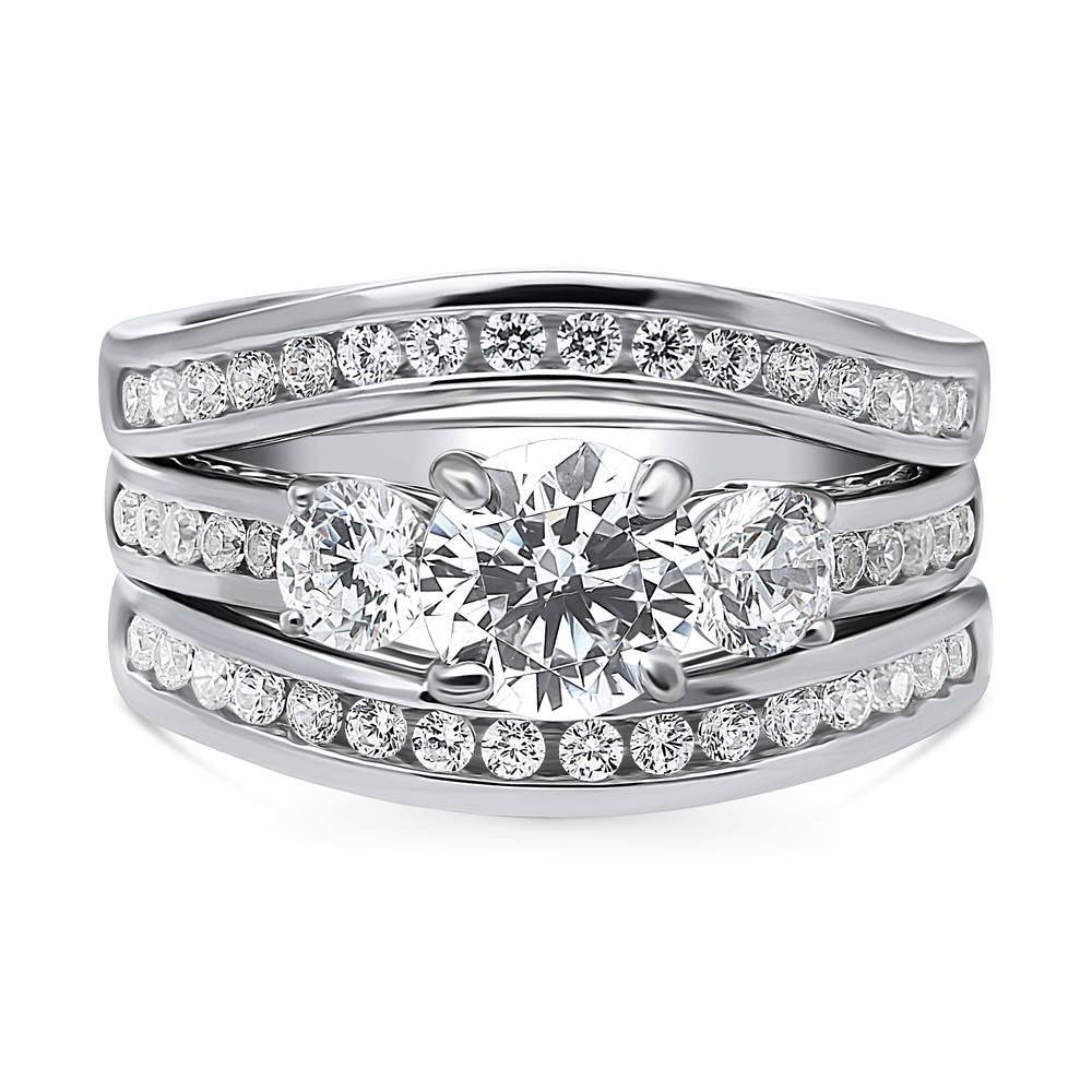 Sterling Silver 3-Stone Wedding & Engagement Ring Set - 1 Carat Round Cut Cubic Zirconia CZ for Women, Rhodium Plated (Size 4-10) - Perfect for Proposals, Anniversaries & Special Occasions