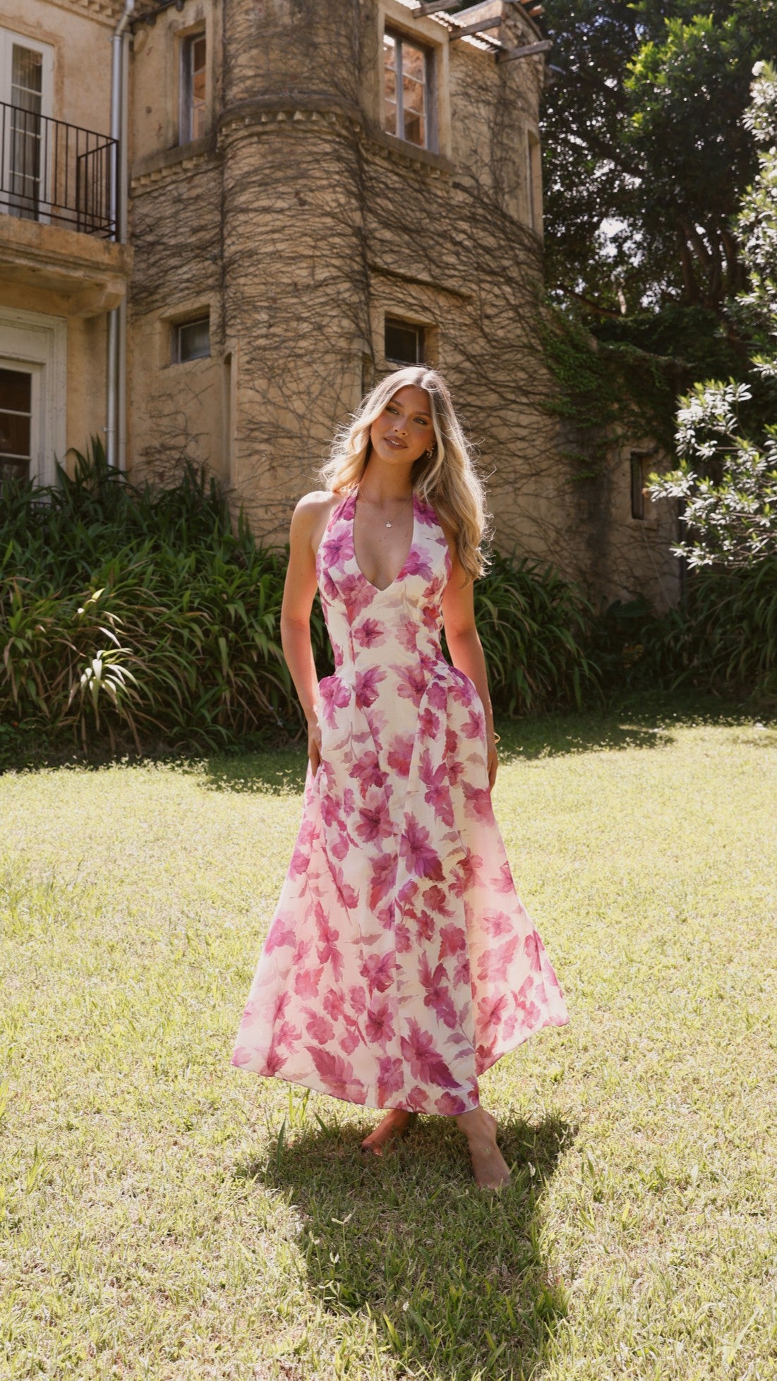 Bryony Halter Neck Maxi Dress - Floral Summer Dress for Women, Pink Floral Print, Boho Beach Dress for Vacation, Party & Wedding Guest Outfit