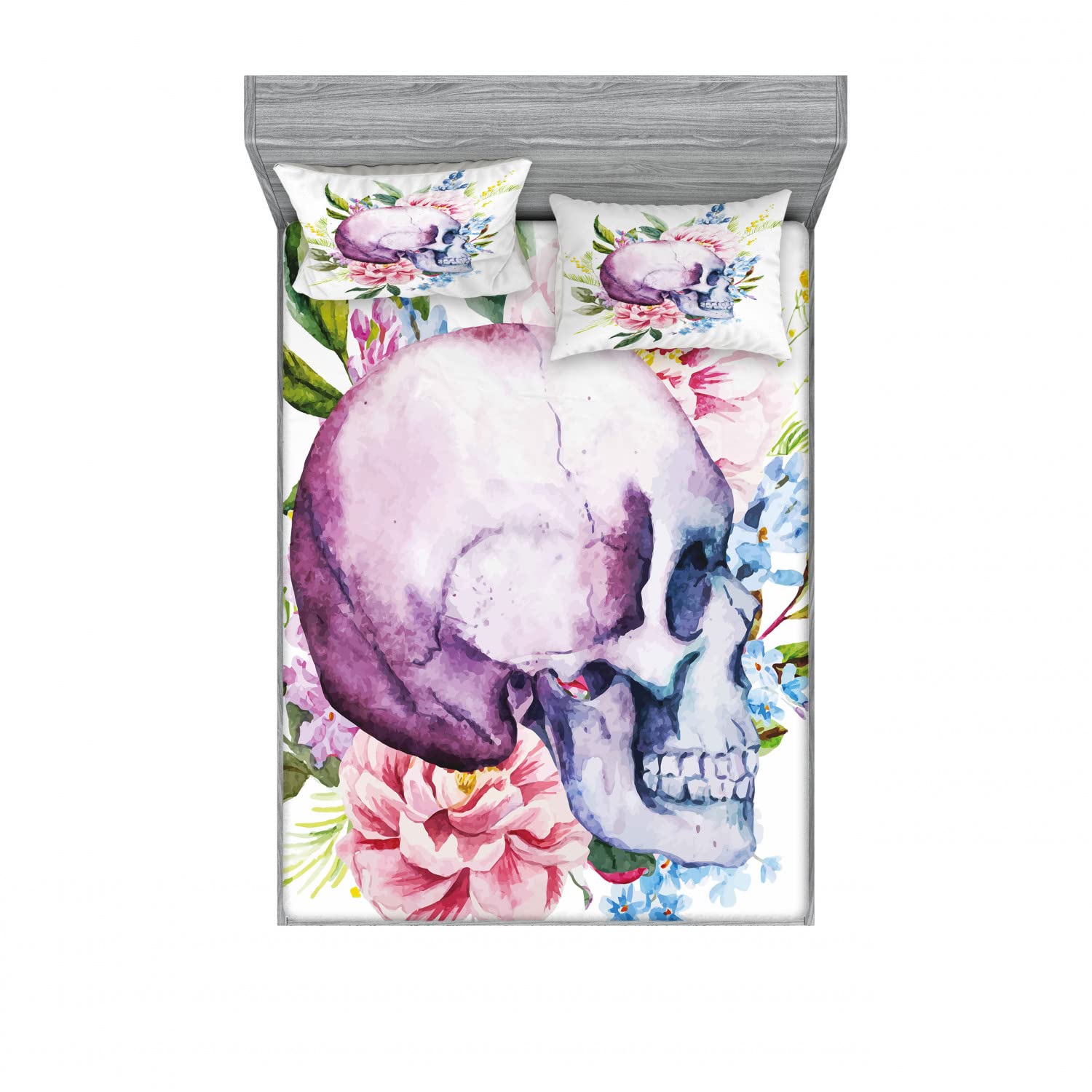 Ambesonne 2-Piece Full Size Fitted Sheet & 4 Pillow Sham Set - Abstract Skull Floral Pattern Bedding Collection | Vibrant Multicolor Decor for Guest Rooms, Dorms & Bohemian Bedroom Style