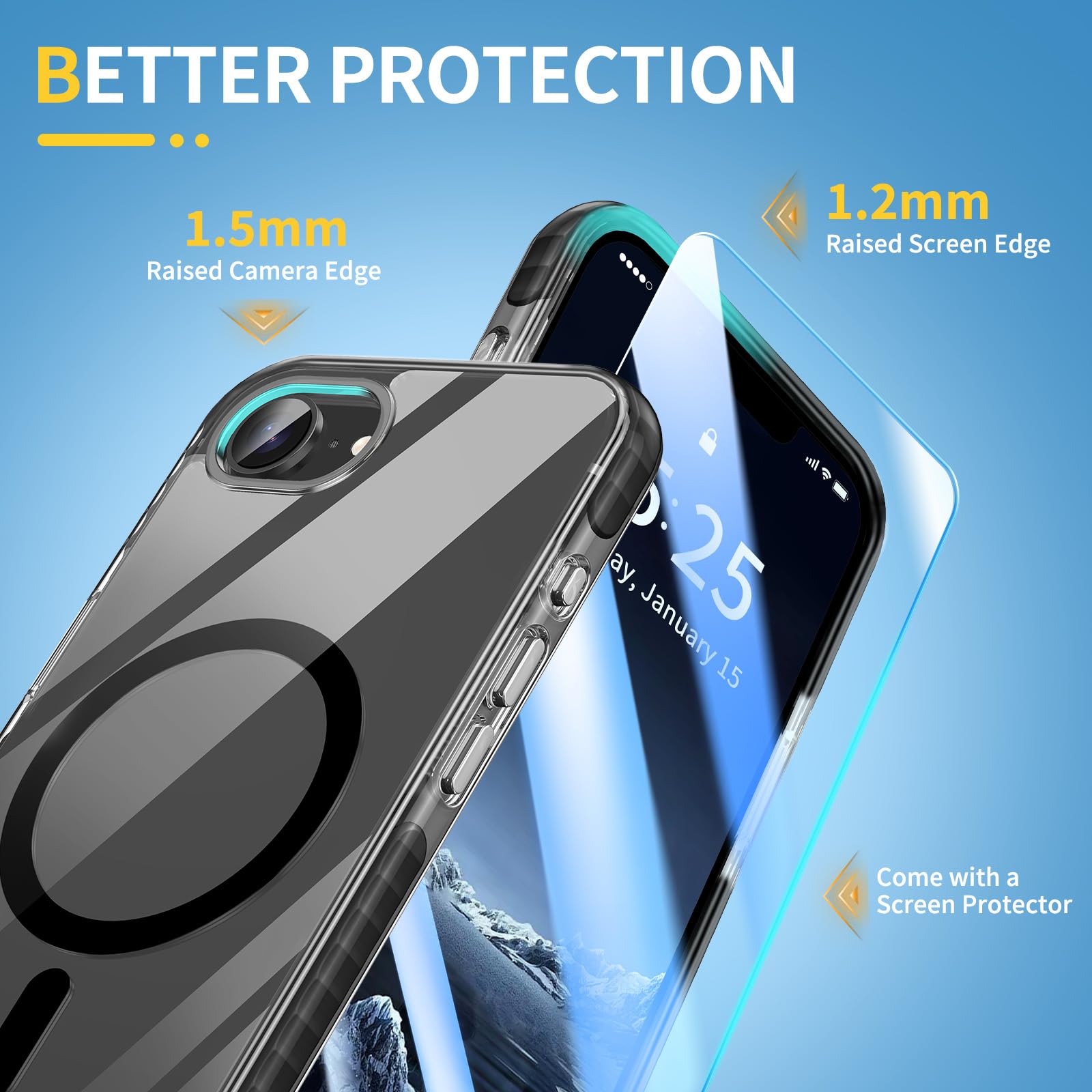MATEPROX Magnetic Clear iPhone 16e Case 2025 - Compatible with MagSafe | Anti-Yellowing | Anti-Slip Military Grade Protection | Includes Screen Protector (Black) - Perfect for Everyday Use, Travel & Outdoor Activities