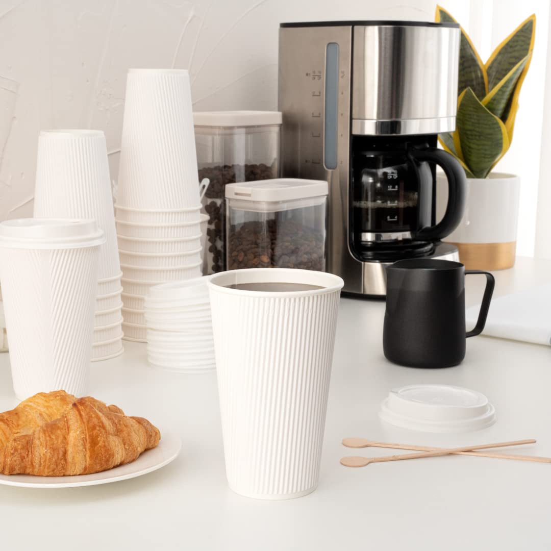 16oz Disposable Coffee Cups - 500 Pack White Insulated Paper Cups with Ripple Wall & Rolled Rim for Hot Coffee, Tea, Cocoa - Lids Sold Separately - Perfect for Restaurants, Cafes, Offices & Home Use