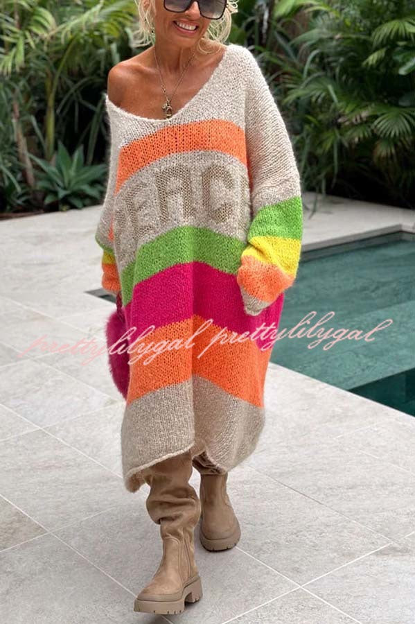 True Faith Knit Peace Pattern Color Blocks Loose Midi Sweater Dress - Cozy Casual Wear for Fall & Winter, Perfect for Office, Date Night and Weekend Outings