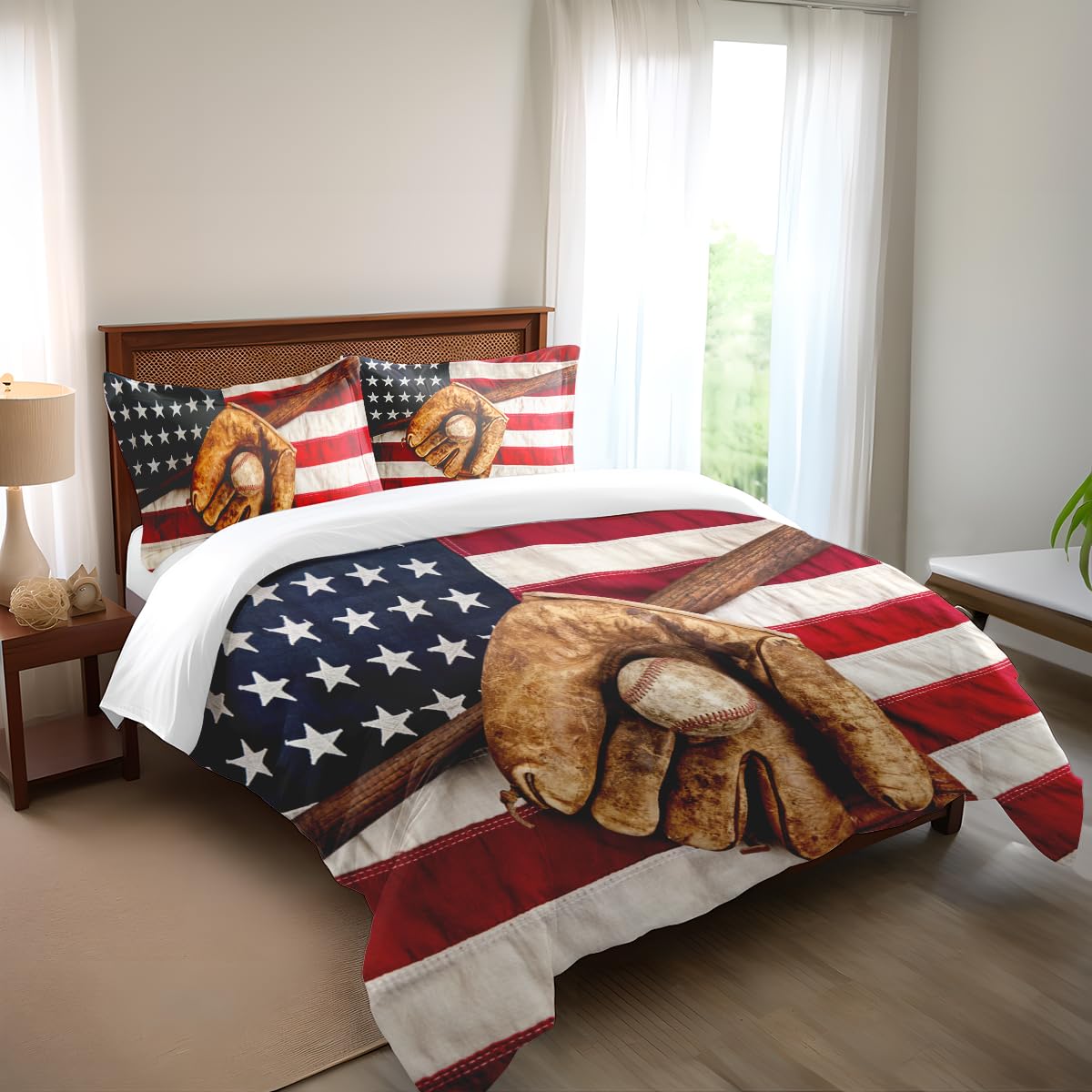 Boys Baseball Bedding Set - Queen Size Sports Theme Comforter with American Flag Design | Durable Kids Bedroom Decor for Team Spirit | Includes Comforter & Pillowcases | Perfect for Sports Fans' Bedroom, Game Day Decor, and Teen Boy's Room