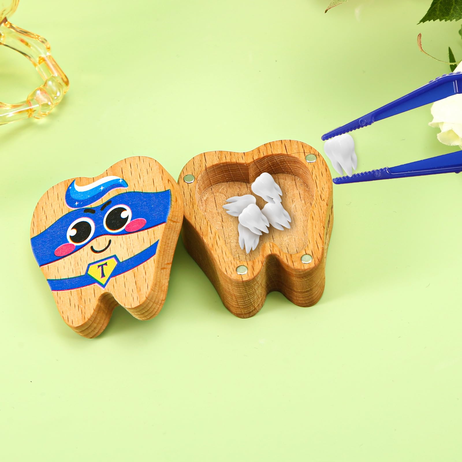 Wooden Tooth Fairy Box - Magnetic Tooth Holder & Keepsake for First Lost Teeth | Cute Tooth-Shaped Storage | Birthday Souvenir Gift for Kids (Blue Eye Mask) | Perfect for Baby Teeth Preservation & Childhood Memory Collection
