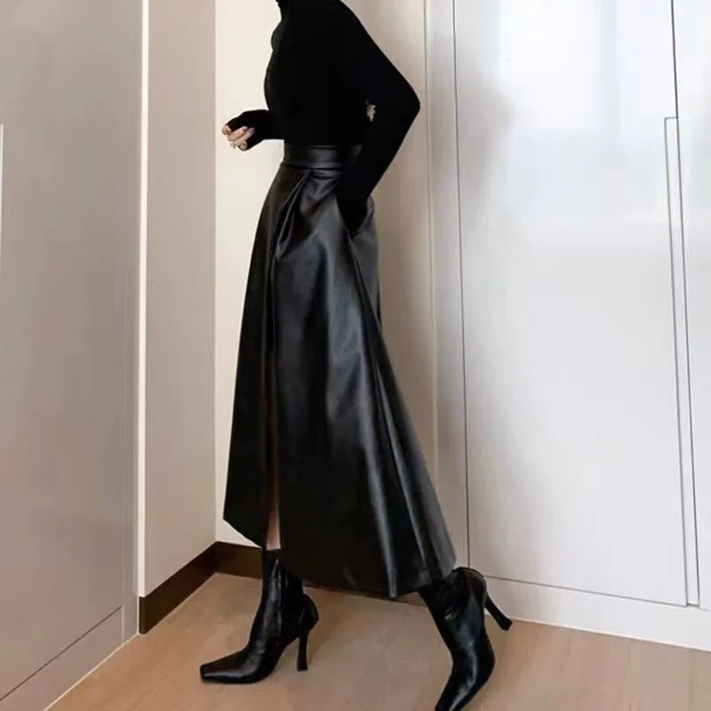 Women's High Waisted PU Leather Long Skirt - Elegant Black Midi Split Skirt for Autumn Winter Fashion | Streetwear, Office Wear & Night Out Outfits