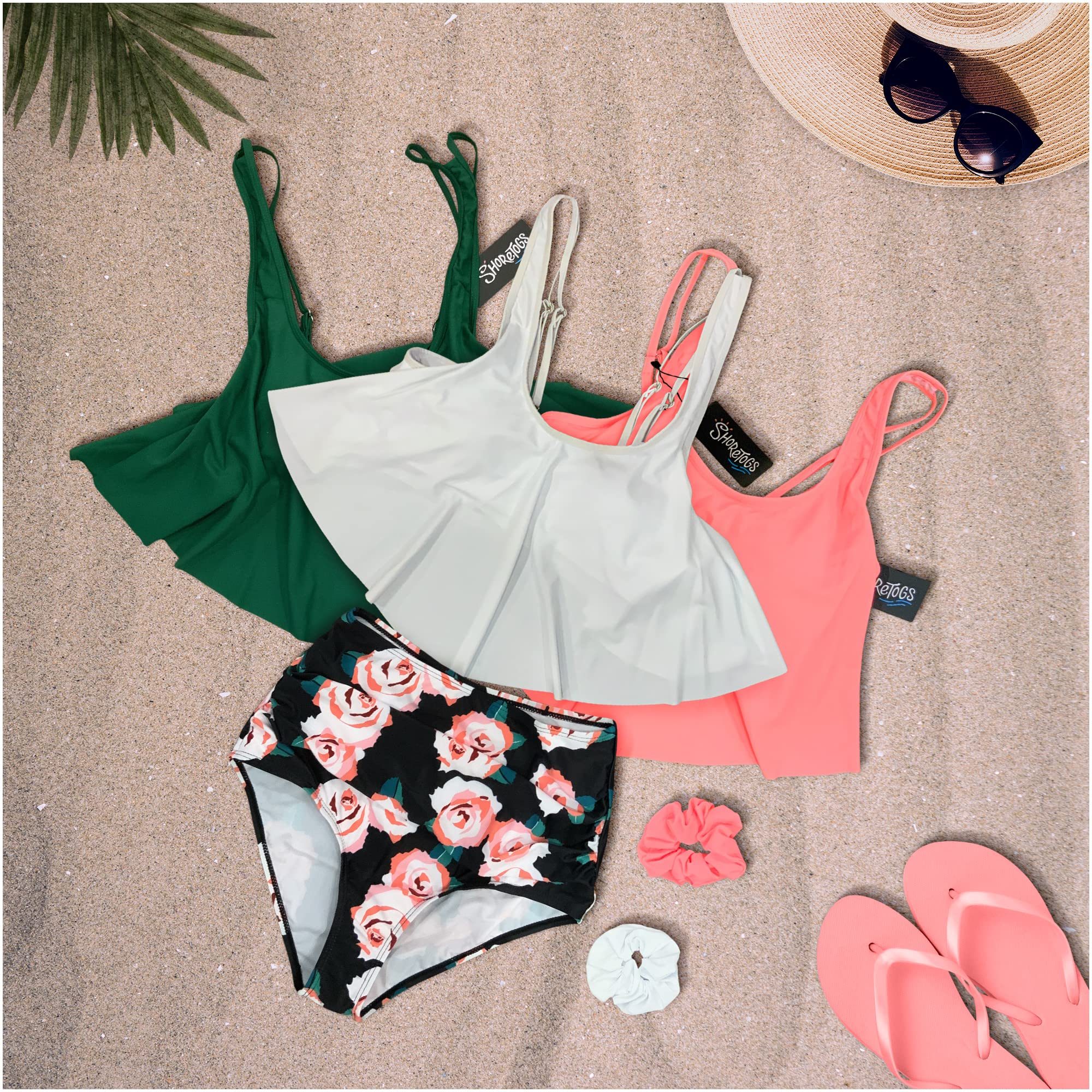 Women's 3-Piece Tankini Swimwear Set - Green, White & Coral Floral Bikini Top + Bottom Bundle | Perfect for Beach Vacations, Pool Parties & Summer Getaways